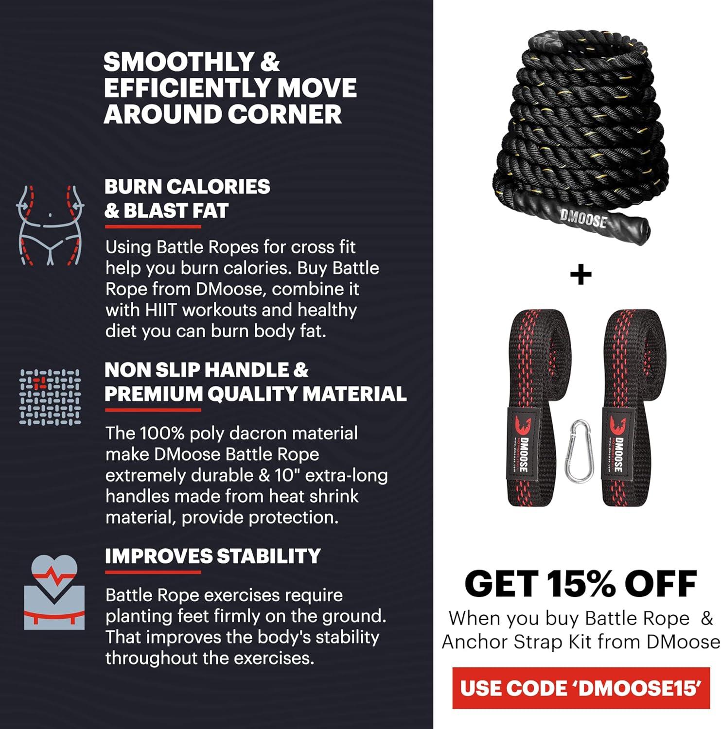 imageDMoose Battle Ropes for Home Gym and Muscles Building Conditioning Rope 15inch Diameter 30ft In Length 16lbs of Weight Workout Equipment for Men and WomenBlack