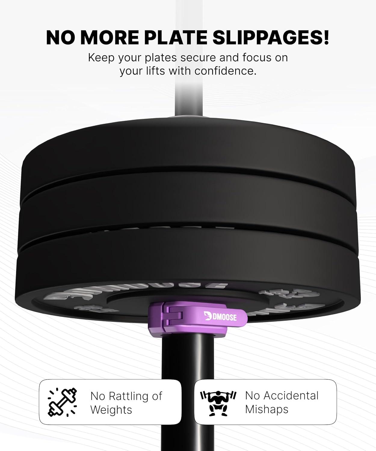 imageDMoose Fitness Barbell Clips 2 Inch Pair Quick Release Olympic Barbell Clamps ampamp Collars with Anti Slip TPR Grip for Secure Weightlifting and Powerlifting Weight Clips for Bars at Home or GymPurple