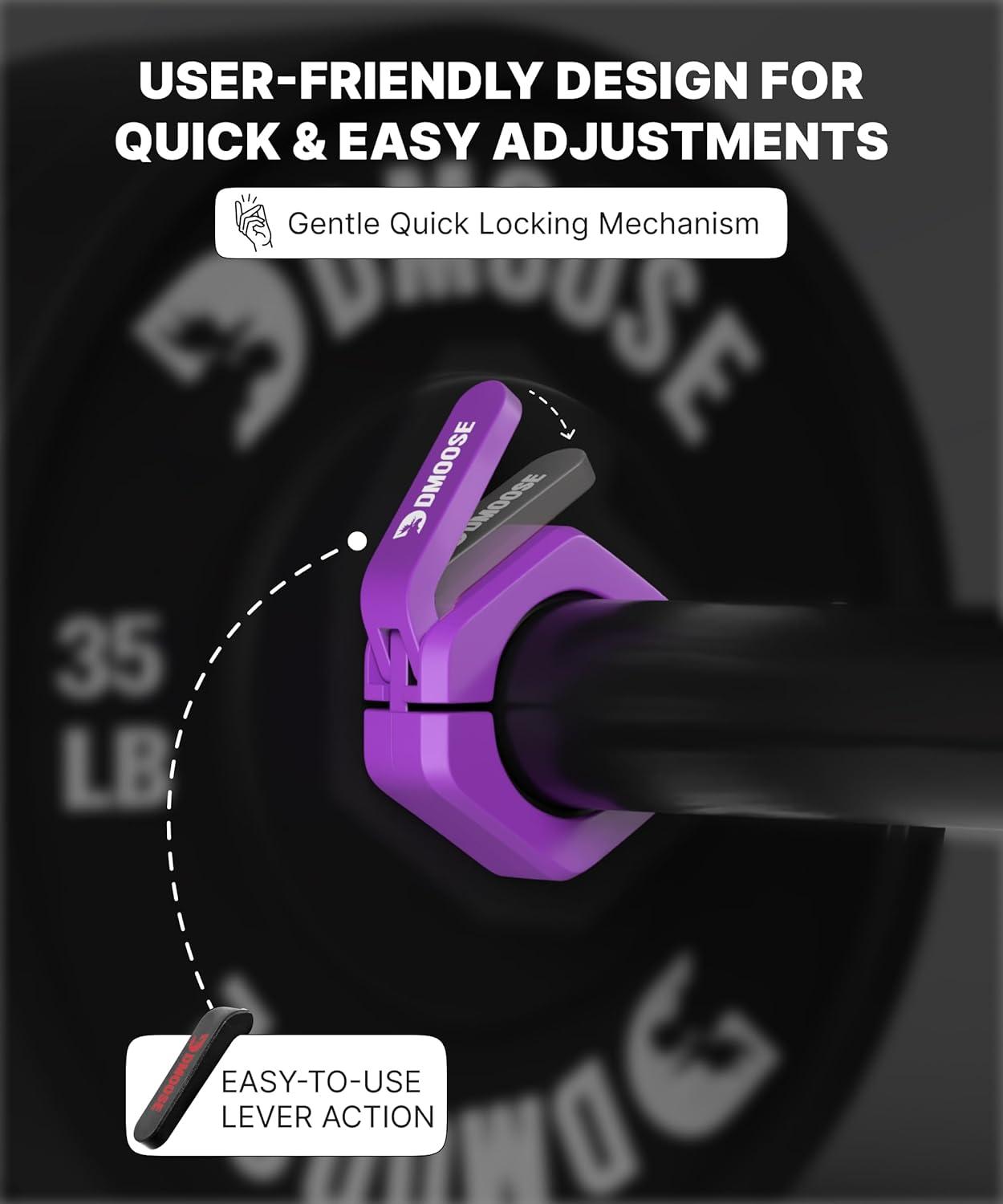imageDMoose Fitness Barbell Clips 2 Inch Pair Quick Release Olympic Barbell Clamps ampamp Collars with Anti Slip TPR Grip for Secure Weightlifting and Powerlifting Weight Clips for Bars at Home or GymPurple