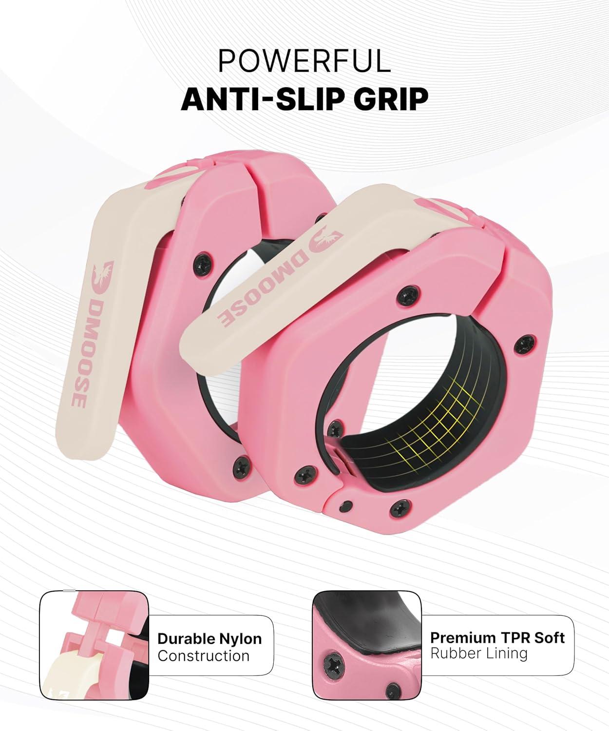 imageDMoose Fitness Barbell Clips 2 Inch Pair Quick Release Olympic Barbell Clamps ampamp Collars with Anti Slip TPR Grip for Secure Weightlifting and Powerlifting Weight Clips for Bars at Home or GymPink