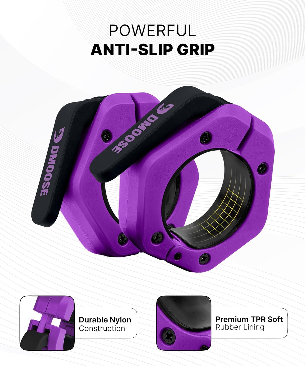 imageDMoose Fitness Barbell Clips 2 Inch Pair Quick Release Olympic Barbell Clamps ampamp Collars with Anti Slip TPR Grip for Secure Weightlifting and Powerlifting Weight Clips for Bars at Home or GymPurple
