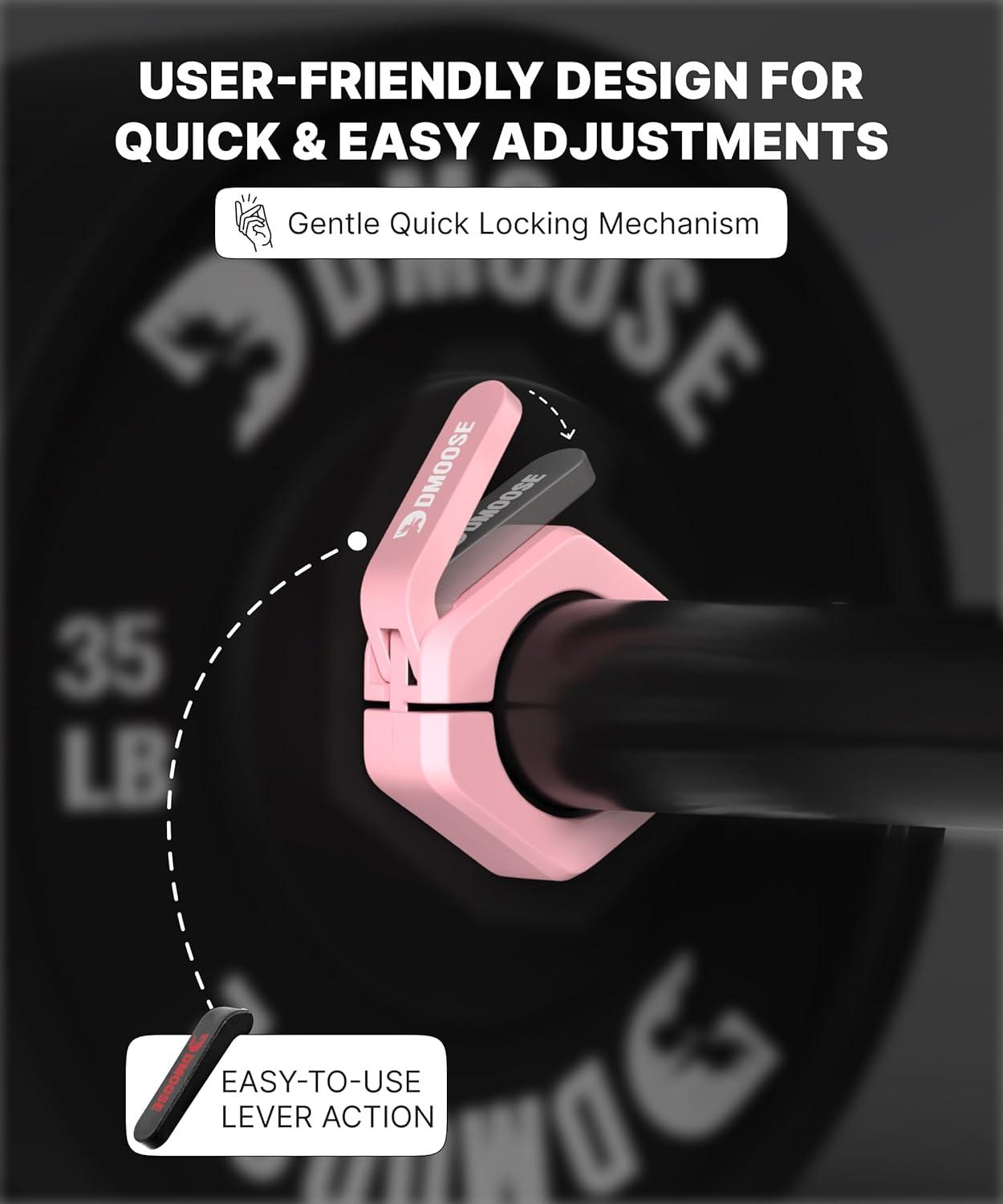 imageDMoose Fitness Barbell Clips 2 Inch Pair Quick Release Olympic Barbell Clamps ampamp Collars with Anti Slip TPR Grip for Secure Weightlifting and Powerlifting Weight Clips for Bars at Home or GymPink