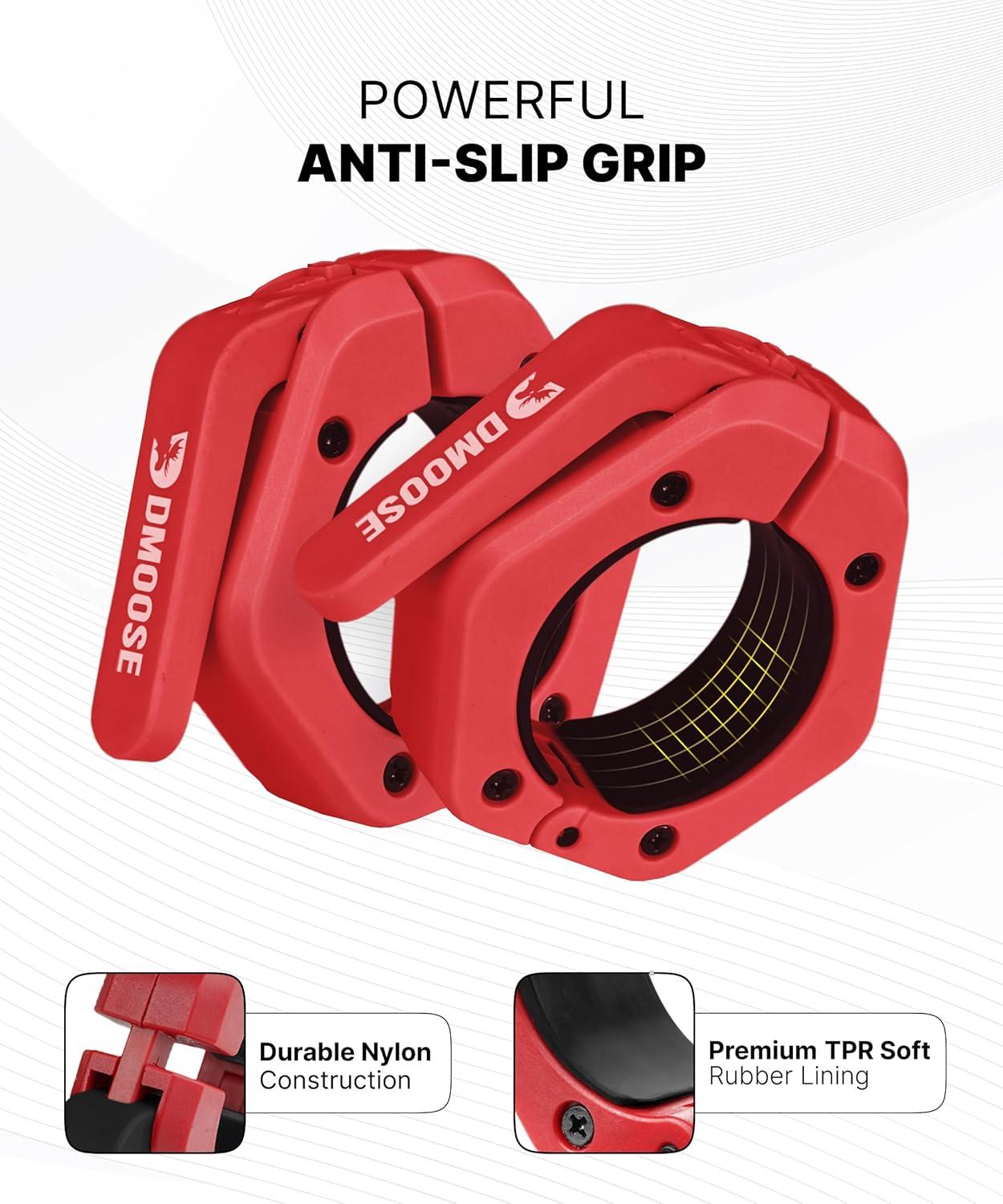 imageDMoose Fitness Barbell Clips 2 Inch Pair Quick Release Olympic Barbell Clamps ampamp Collars with Anti Slip TPR Grip for Secure Weightlifting and Powerlifting Weight Clips for Bars at Home or GymRed