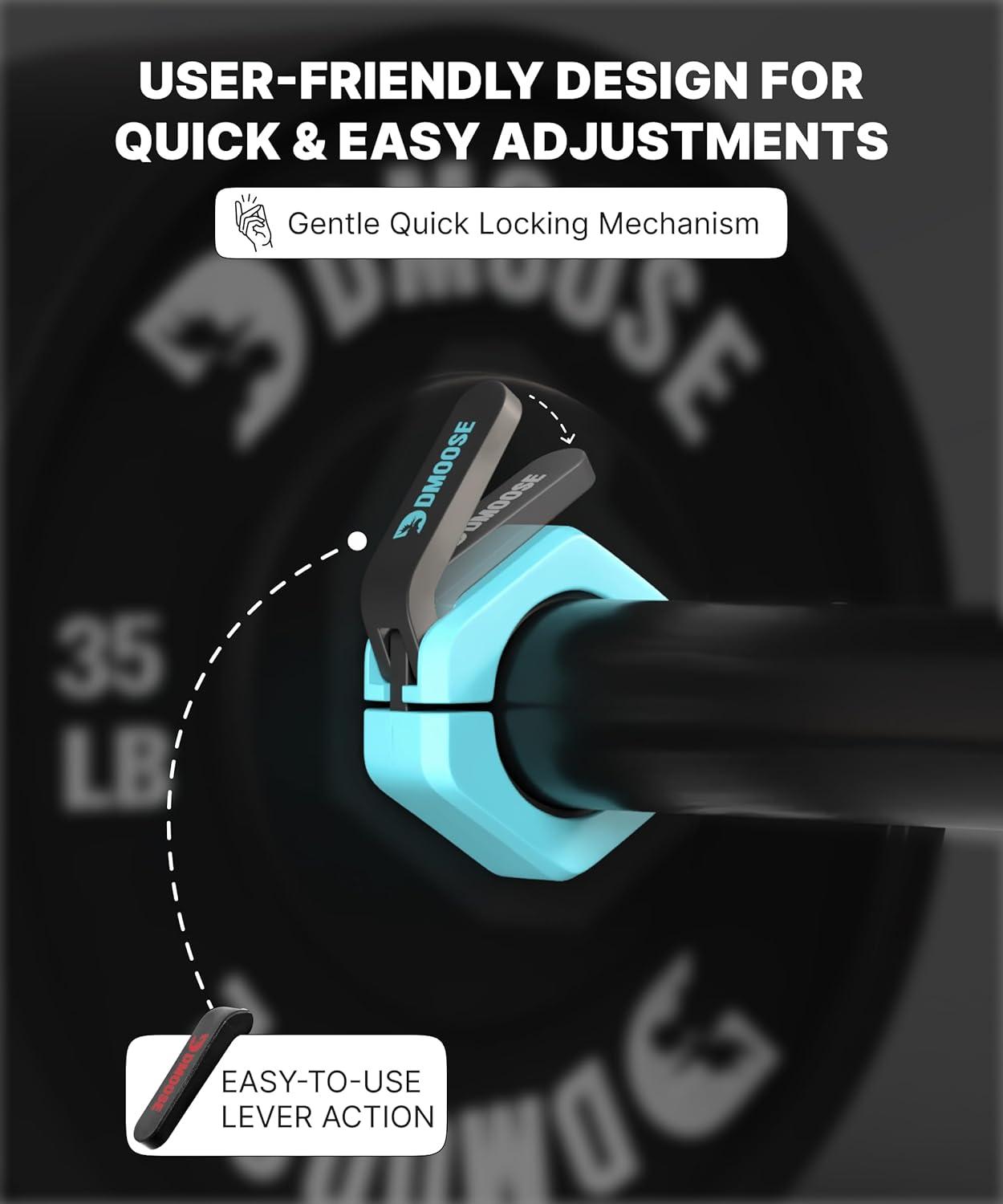 imageDMoose Fitness Barbell Clips 2 Inch Pair Quick Release Olympic Barbell Clamps ampamp Collars with Anti Slip TPR Grip for Secure Weightlifting and Powerlifting Weight Clips for Bars at Home or GymCyan