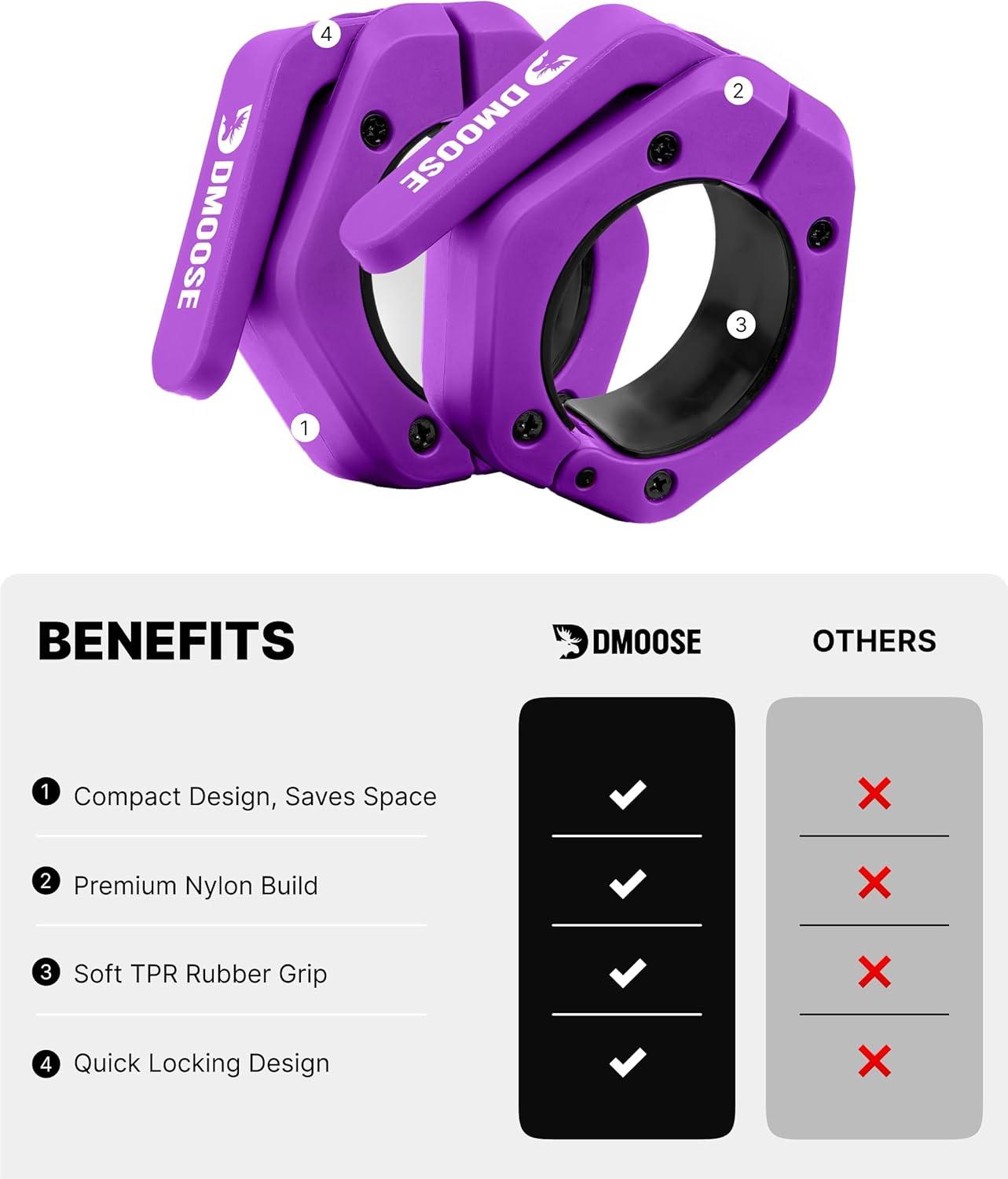 imageDMoose Fitness Barbell Clips 2 Inch Pair Quick Release Olympic Barbell Clamps ampamp Collars with Anti Slip TPR Grip for Secure Weightlifting and Powerlifting Weight Clips for Bars at Home or GymPurple
