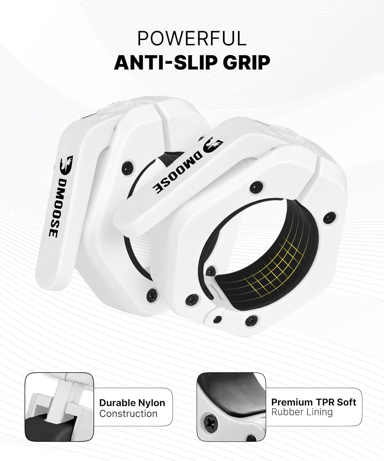 imageDMoose Fitness Barbell Clips 2 Inch Pair Quick Release Olympic Barbell Clamps ampamp Collars with Anti Slip TPR Grip for Secure Weightlifting and Powerlifting Weight Clips for Bars at Home or GymWhite