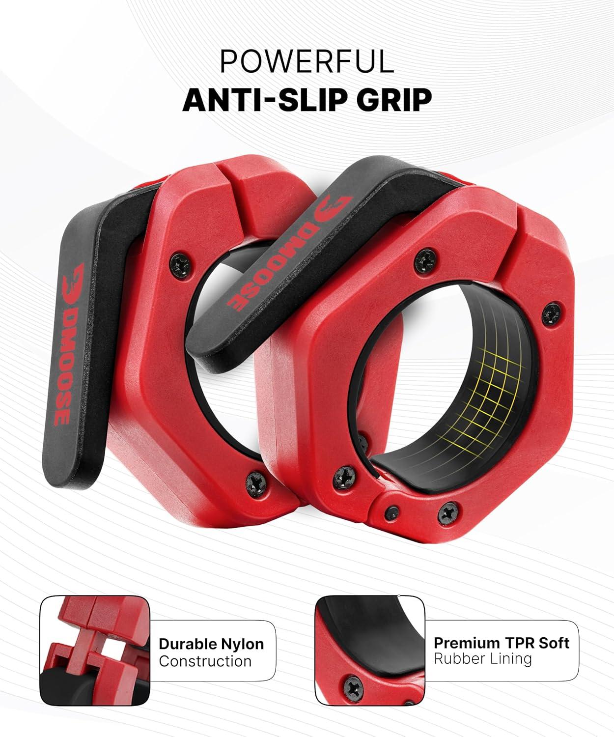 imageDMoose Fitness Barbell Clips 2 Inch Pair Quick Release Olympic Barbell Clamps ampamp Collars with Anti Slip TPR Grip for Secure Weightlifting and Powerlifting Weight Clips for Bars at Home or GymRed
