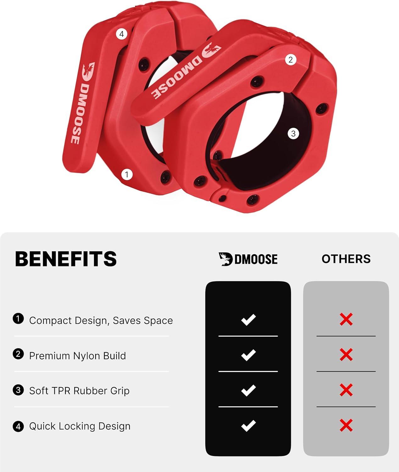imageDMoose Fitness Barbell Clips 2 Inch Pair Quick Release Olympic Barbell Clamps ampamp Collars with Anti Slip TPR Grip for Secure Weightlifting and Powerlifting Weight Clips for Bars at Home or GymRed