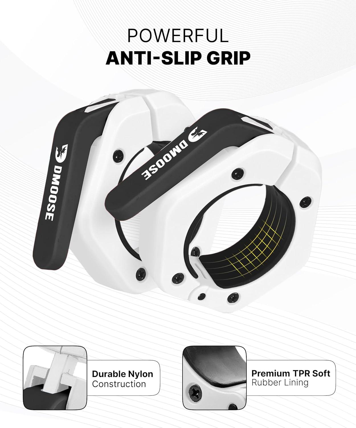 imageDMoose Fitness Barbell Clips 2 Inch Pair Quick Release Olympic Barbell Clamps ampamp Collars with Anti Slip TPR Grip for Secure Weightlifting and Powerlifting Weight Clips for Bars at Home or GymWhite