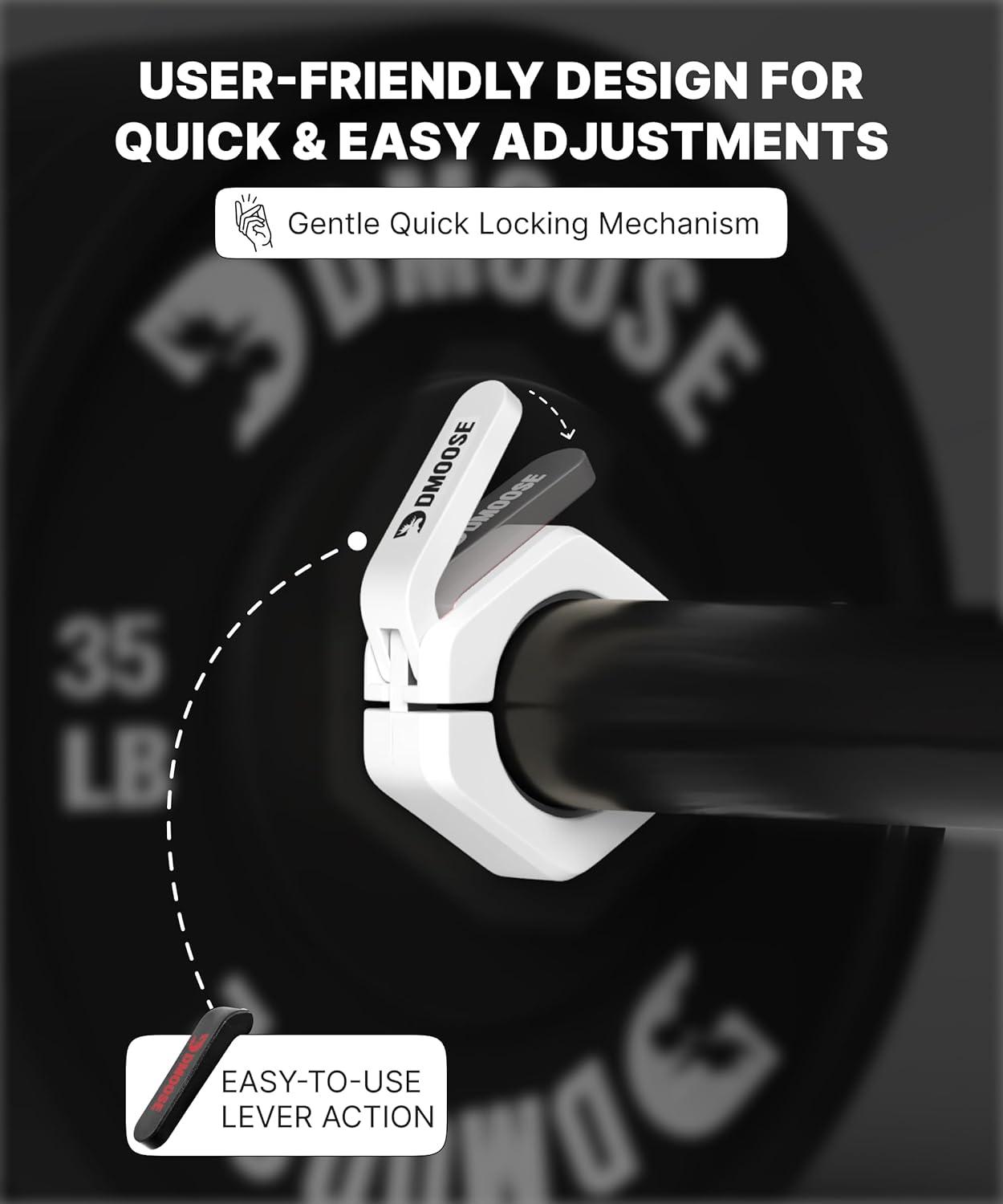 imageDMoose Fitness Barbell Clips 2 Inch Pair Quick Release Olympic Barbell Clamps ampamp Collars with Anti Slip TPR Grip for Secure Weightlifting and Powerlifting Weight Clips for Bars at Home or GymWhite