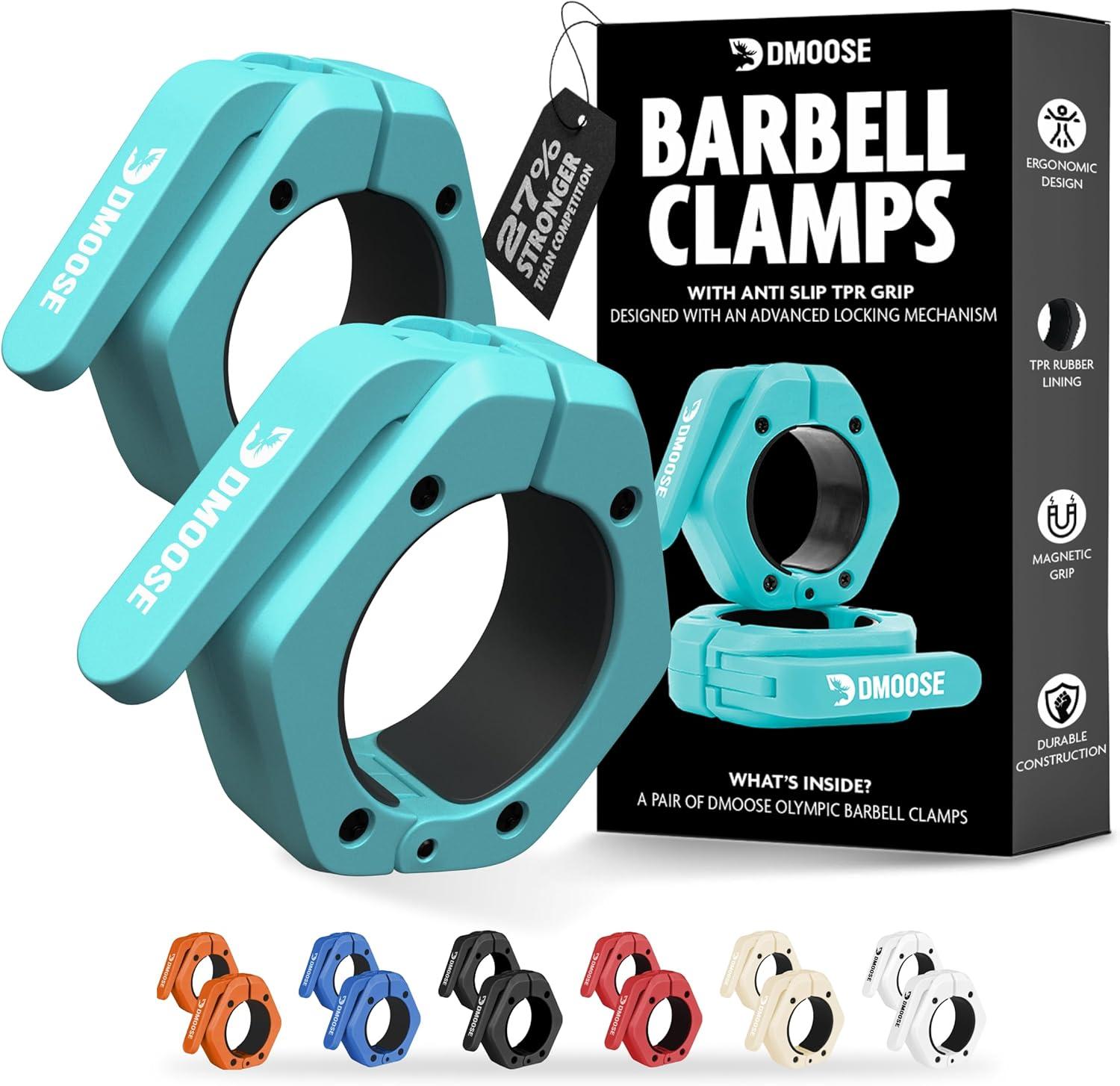 imageDMoose Fitness Barbell Clips 2 Inch Pair Quick Release Olympic Barbell Clamps ampamp Collars with Anti Slip TPR Grip for Secure Weightlifting and Powerlifting Weight Clips for Bars at Home or GymCyan