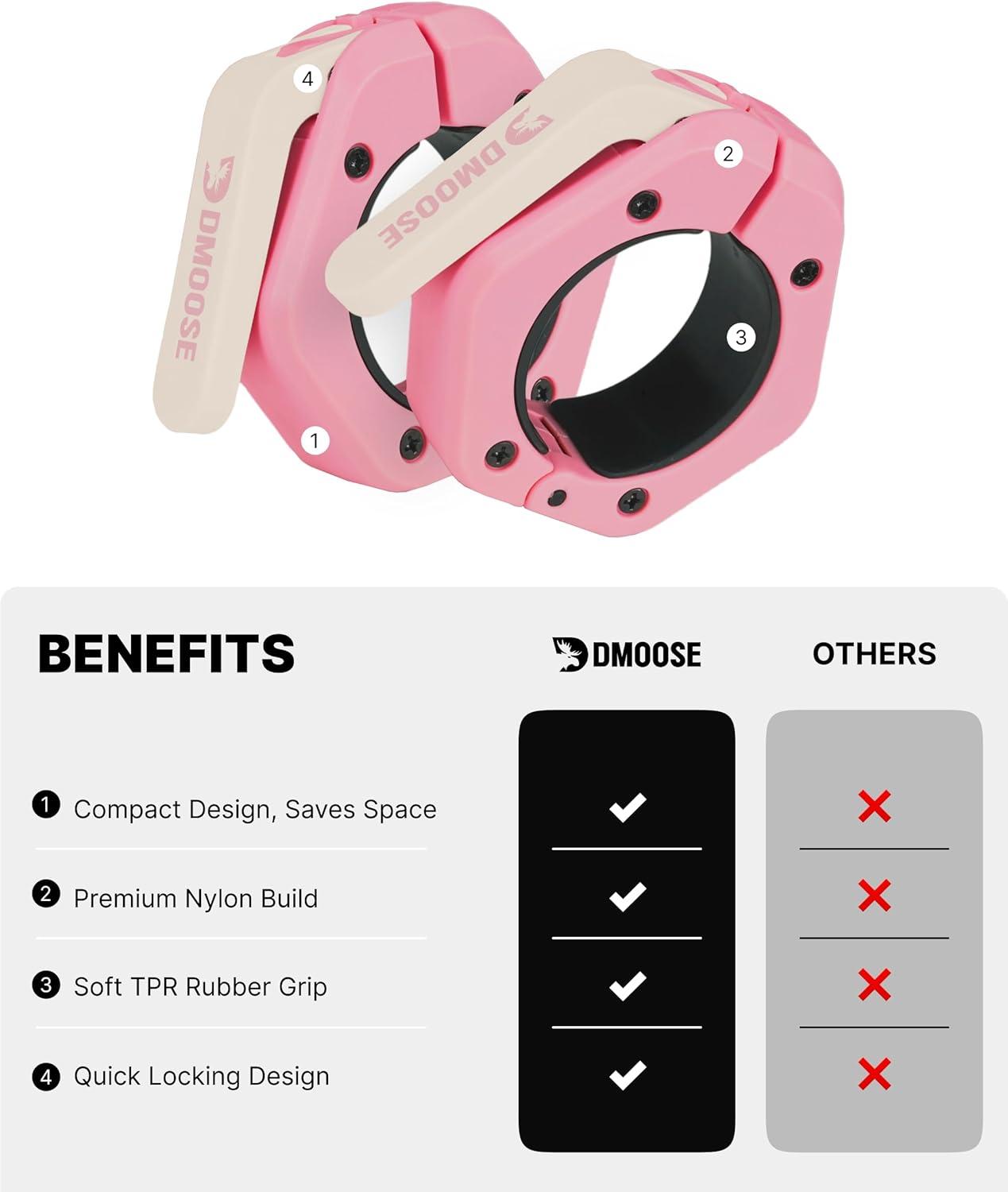 imageDMoose Fitness Barbell Clips 2 Inch Pair Quick Release Olympic Barbell Clamps ampamp Collars with Anti Slip TPR Grip for Secure Weightlifting and Powerlifting Weight Clips for Bars at Home or GymPink