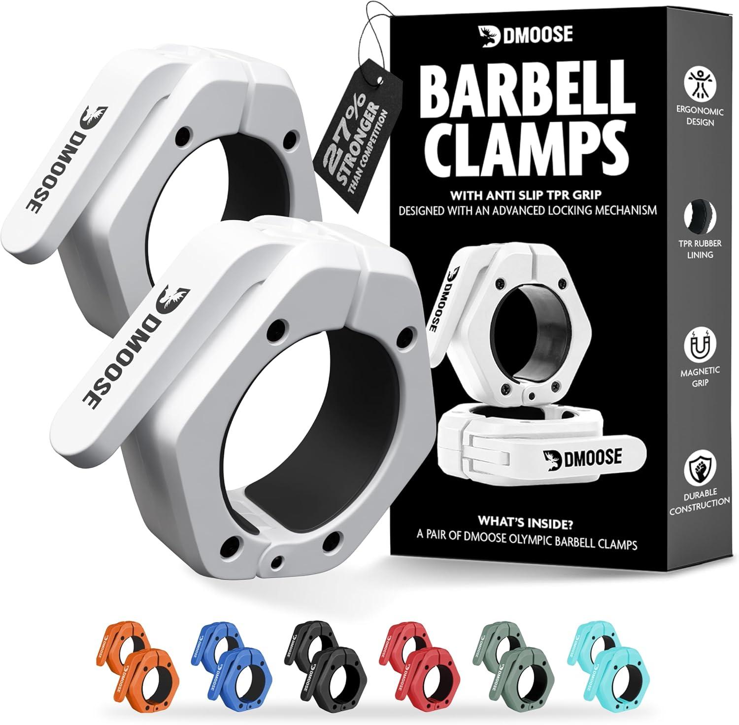 imageDMoose Fitness Barbell Clips 2 Inch Pair Quick Release Olympic Barbell Clamps ampamp Collars with Anti Slip TPR Grip for Secure Weightlifting and Powerlifting Weight Clips for Bars at Home or GymWhite