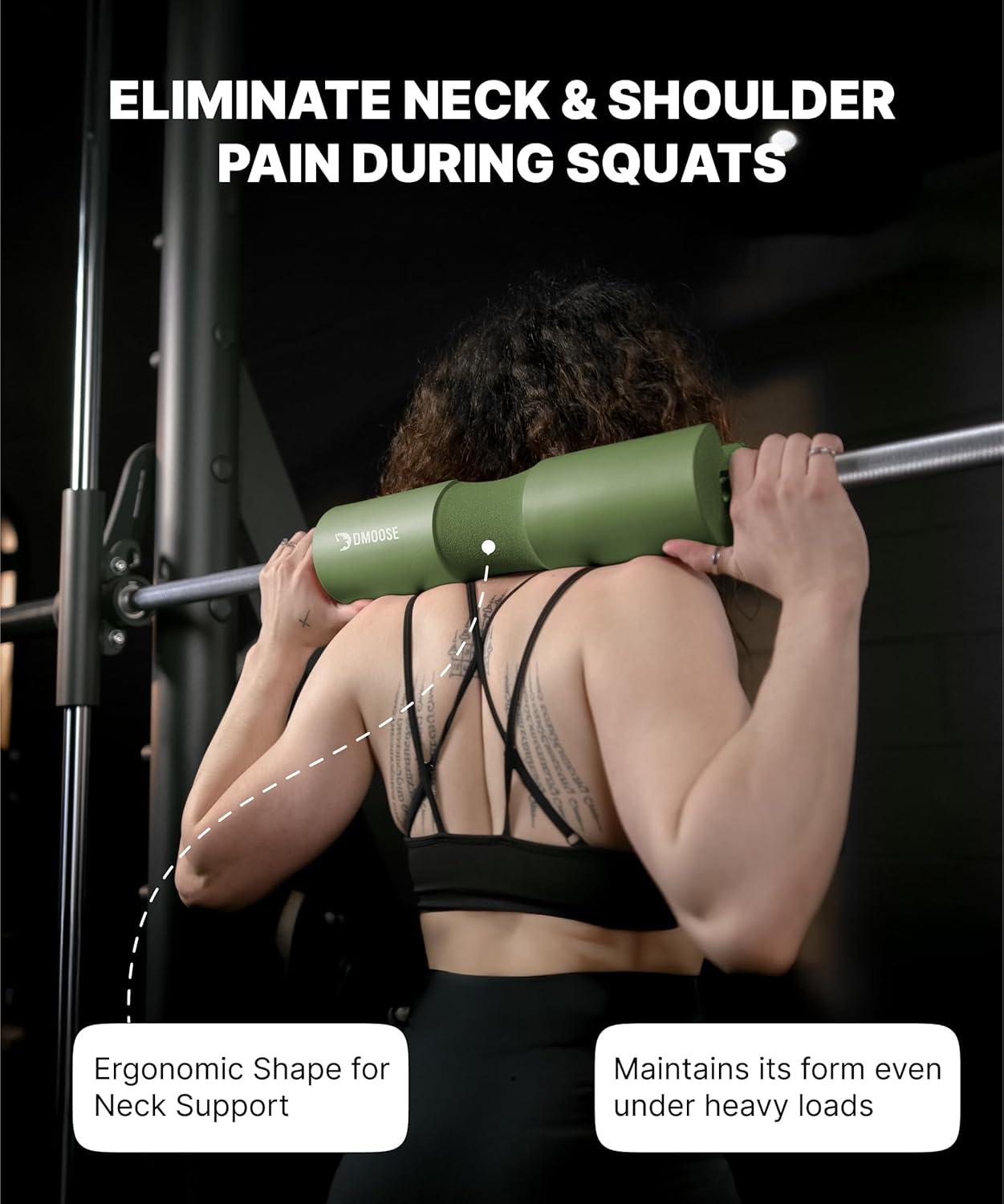 imageDMoose Fitness Barbell Pad for Hip Thrust Squat ampamp Lunges NonSlip Thick Foam Cushion for Neck and Back Support with Two Straps Hip Thrust Pad for Leg Day Fits All Olympic Bars and Smith MachineArmy Green