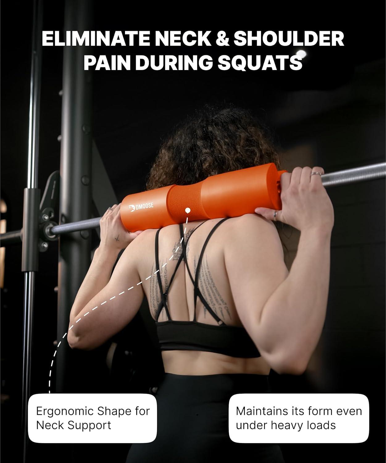 imageDMoose Fitness Barbell Pad for Hip Thrust Squat ampamp Lunges NonSlip Thick Foam Cushion for Neck and Back Support with Two Straps Hip Thrust Pad for Leg Day Fits All Olympic Bars and Smith MachineOrange