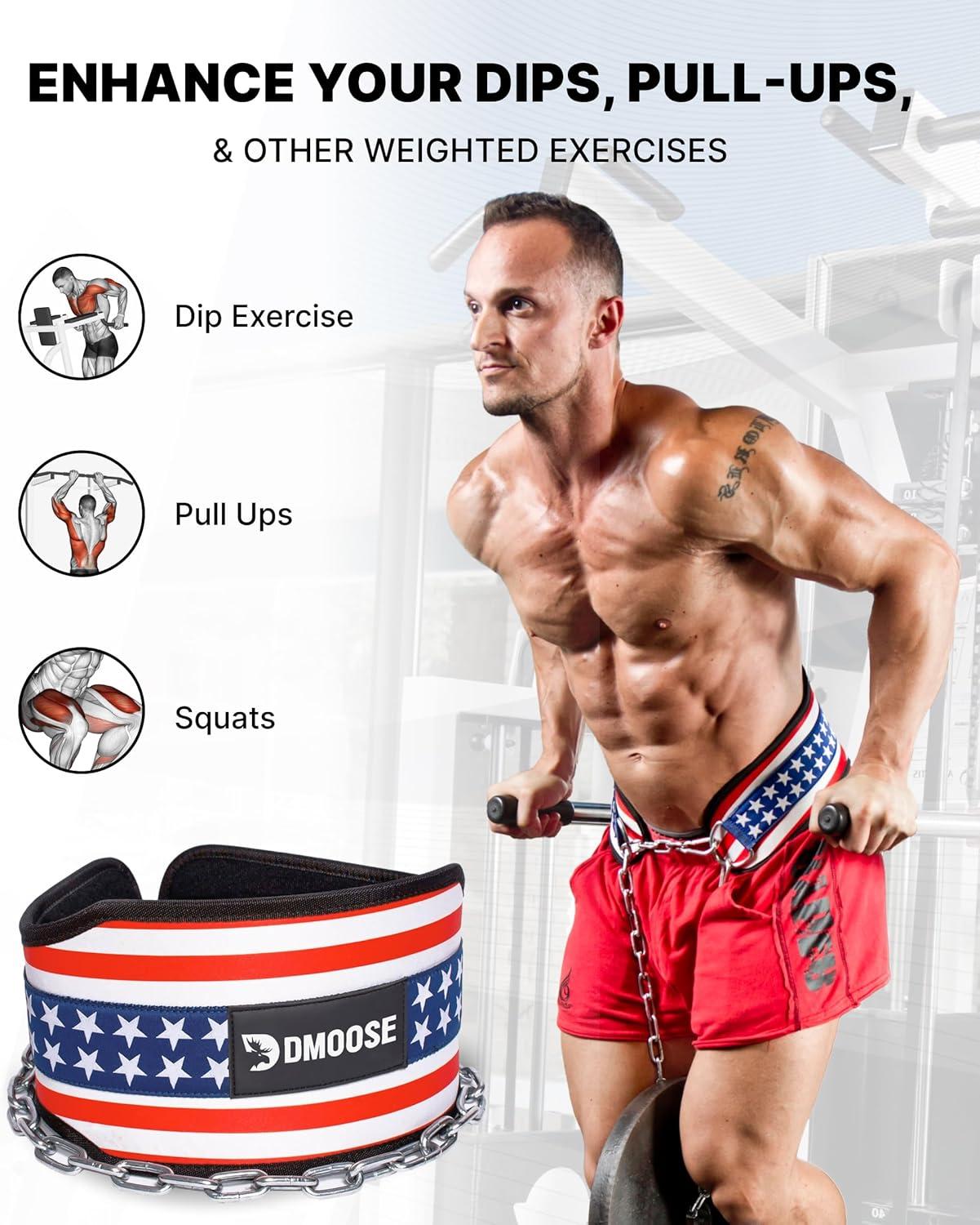 imageDMoose Fitness Dip Belt for Weight Lifting Pullup Squats ampamp Dips 36quot Robust Steel Chain Comfortable Neoprene Padding Supports 350lbs Gym Weight Belt for Strength Training Workout ampamp WeightliftingAmerican