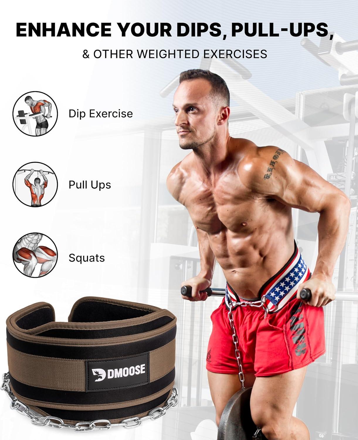 imageDMoose Fitness Dip Belt for Weight Lifting Pullup Squats ampamp Dips 36quot Robust Steel Chain Comfortable Neoprene Padding Supports 350lbs Gym Weight Belt for Strength Training Workout ampamp WeightliftingCocoa Brown
