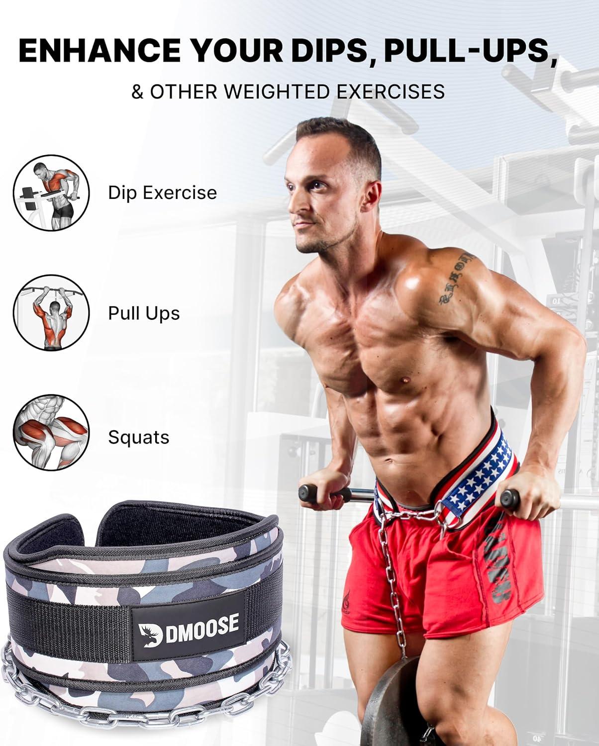 imageDMoose Fitness Dip Belt for Weight Lifting Pullup Squats ampamp Dips 36quot Robust Steel Chain Comfortable Neoprene Padding Supports 350lbs Gym Weight Belt for Strength Training Workout ampamp WeightliftingGray Camo