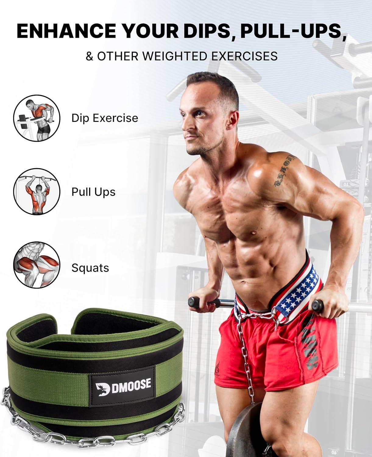 imageDMoose Fitness Dip Belt for Weight Lifting Pullup Squats ampamp Dips 36quot Robust Steel Chain Comfortable Neoprene Padding Supports 350lbs Gym Weight Belt for Strength Training Workout ampamp WeightliftingMilitary Green