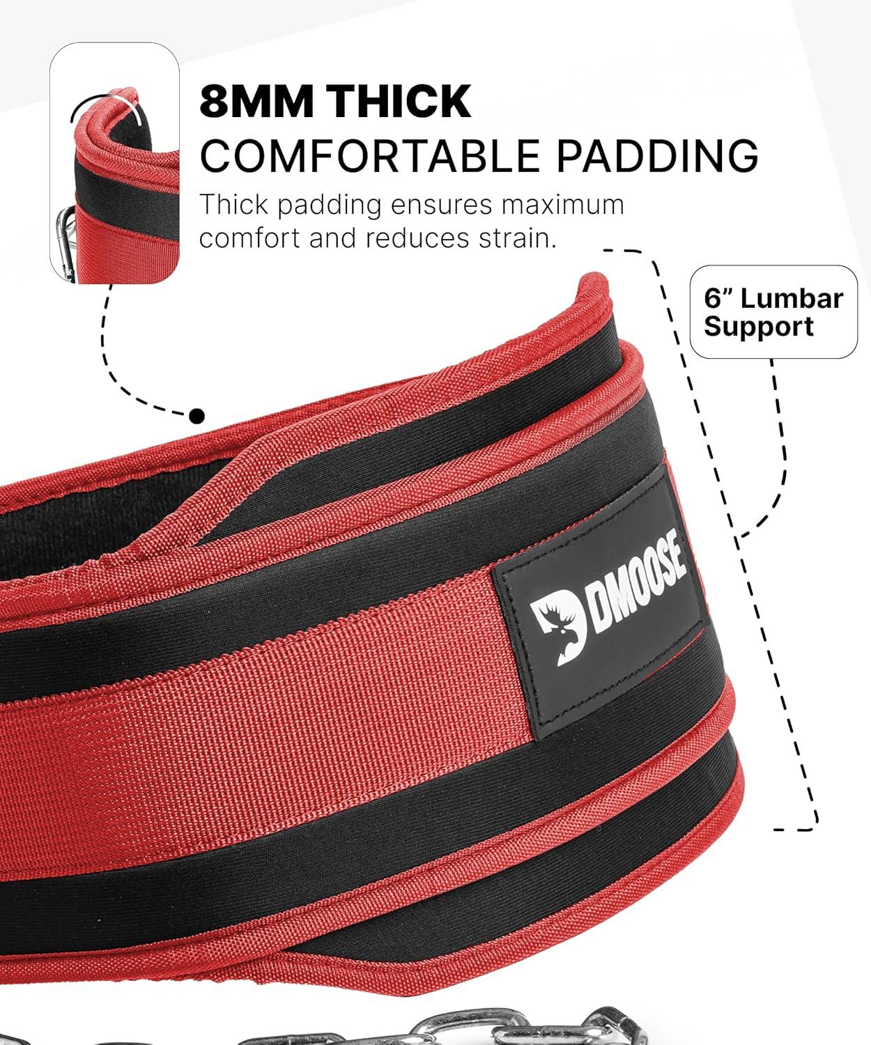 imageDMoose Fitness Dip Belt for Weight Lifting Pullup Squats ampamp Dips 36quot Robust Steel Chain Comfortable Neoprene Padding Supports 350lbs Gym Weight Belt for Strength Training Workout ampamp WeightliftingRed