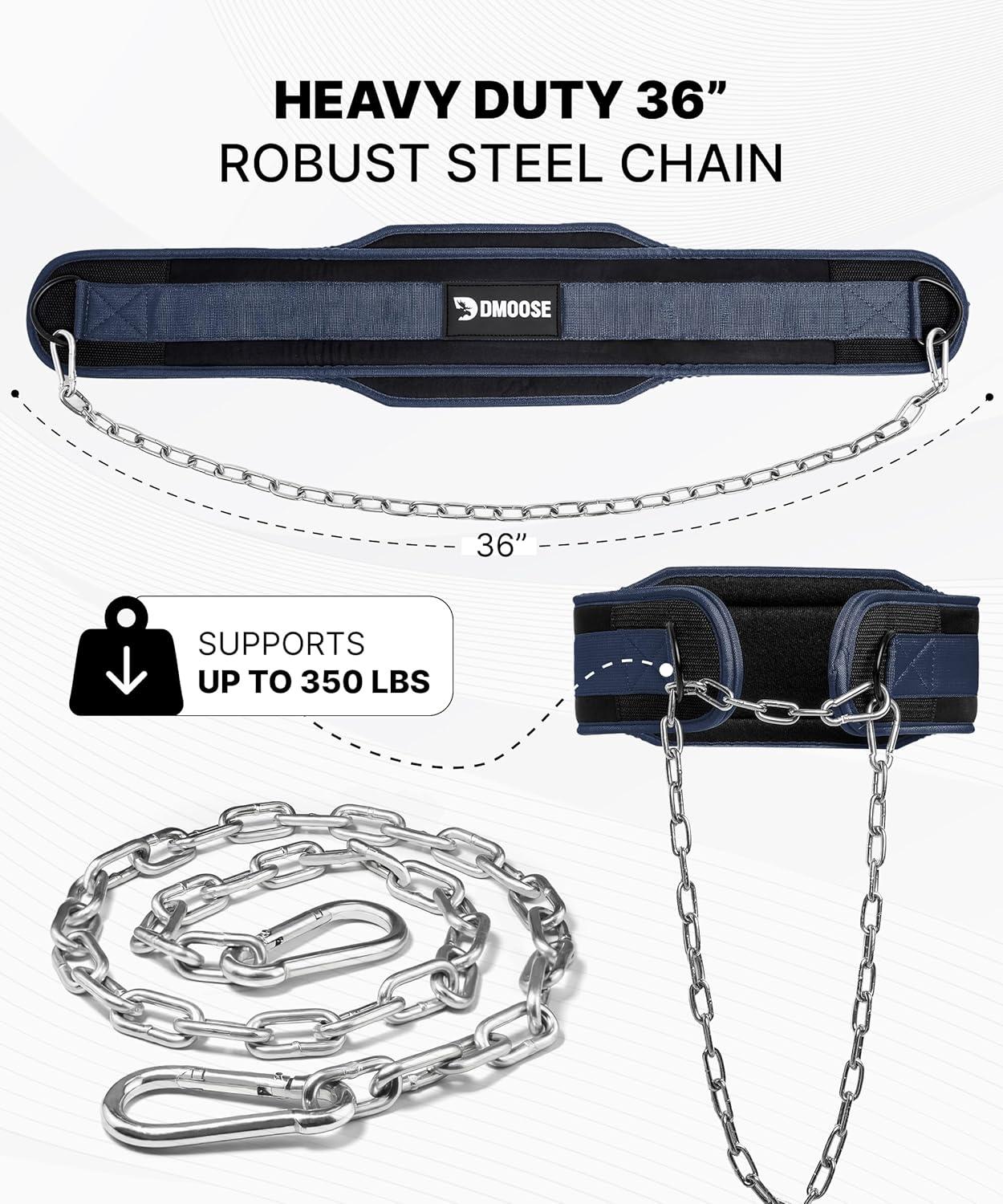 imageDMoose Fitness Dip Belt for Weight Lifting Pullup Squats ampamp Dips 36quot Robust Steel Chain Comfortable Neoprene Padding Supports 350lbs Gym Weight Belt for Strength Training Workout ampamp WeightliftingNavy Blue