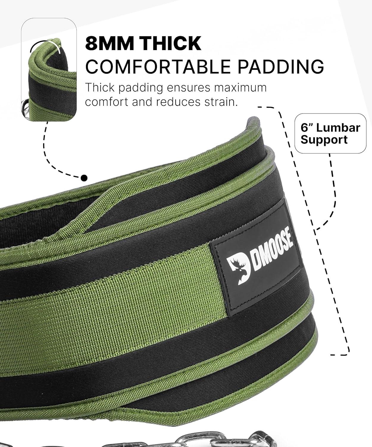 imageDMoose Fitness Dip Belt for Weight Lifting Pullup Squats ampamp Dips 36quot Robust Steel Chain Comfortable Neoprene Padding Supports 350lbs Gym Weight Belt for Strength Training Workout ampamp WeightliftingMilitary Green
