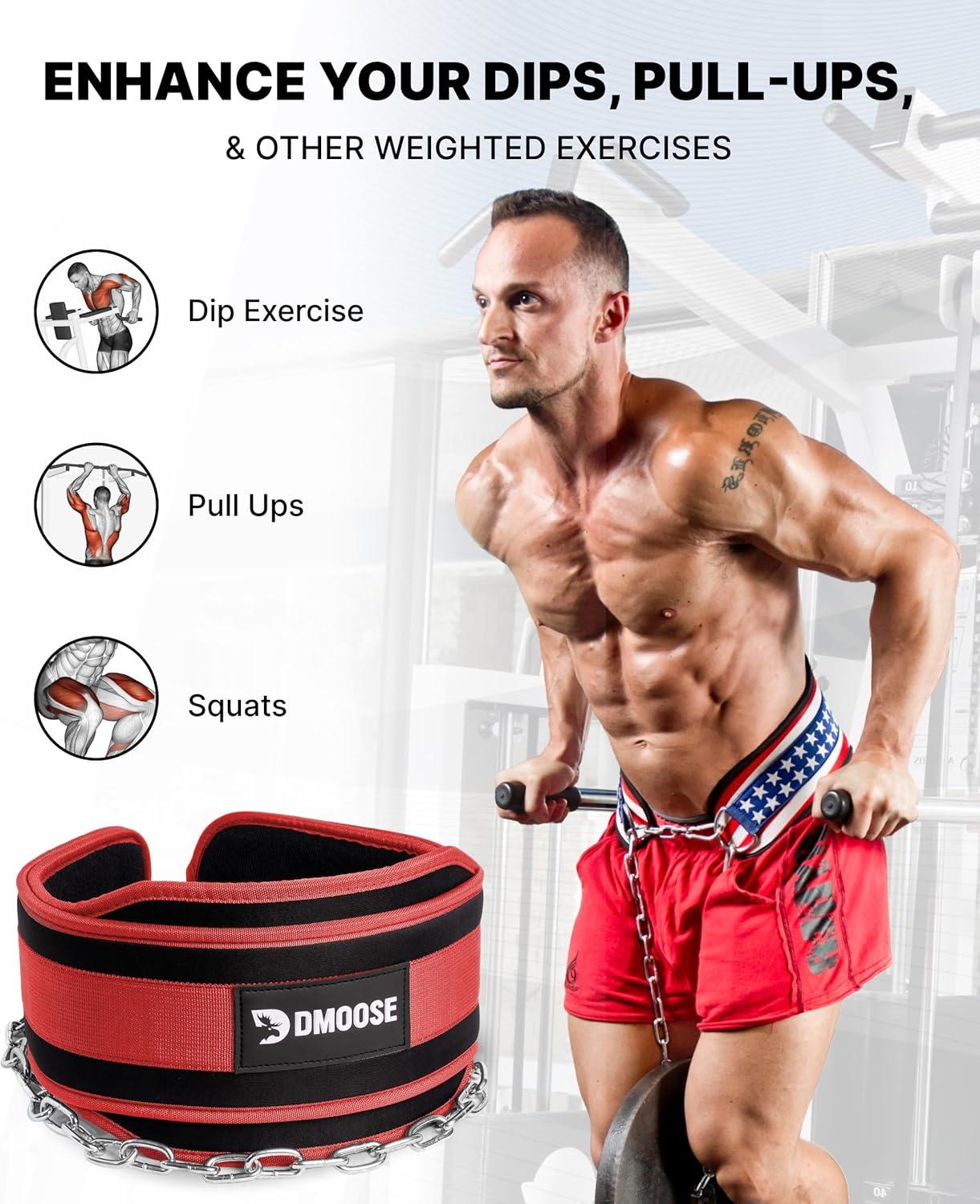 imageDMoose Fitness Dip Belt for Weight Lifting Pullup Squats ampamp Dips 36quot Robust Steel Chain Comfortable Neoprene Padding Supports 350lbs Gym Weight Belt for Strength Training Workout ampamp WeightliftingRed