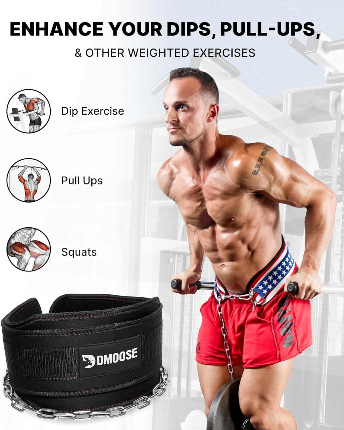 imageDMoose Fitness Dip Belt for Weight Lifting Pullup Squats ampamp Dips 36quot Robust Steel Chain Comfortable Neoprene Padding Supports 350lbs Gym Weight Belt for Strength Training Workout ampamp WeightliftingBlack