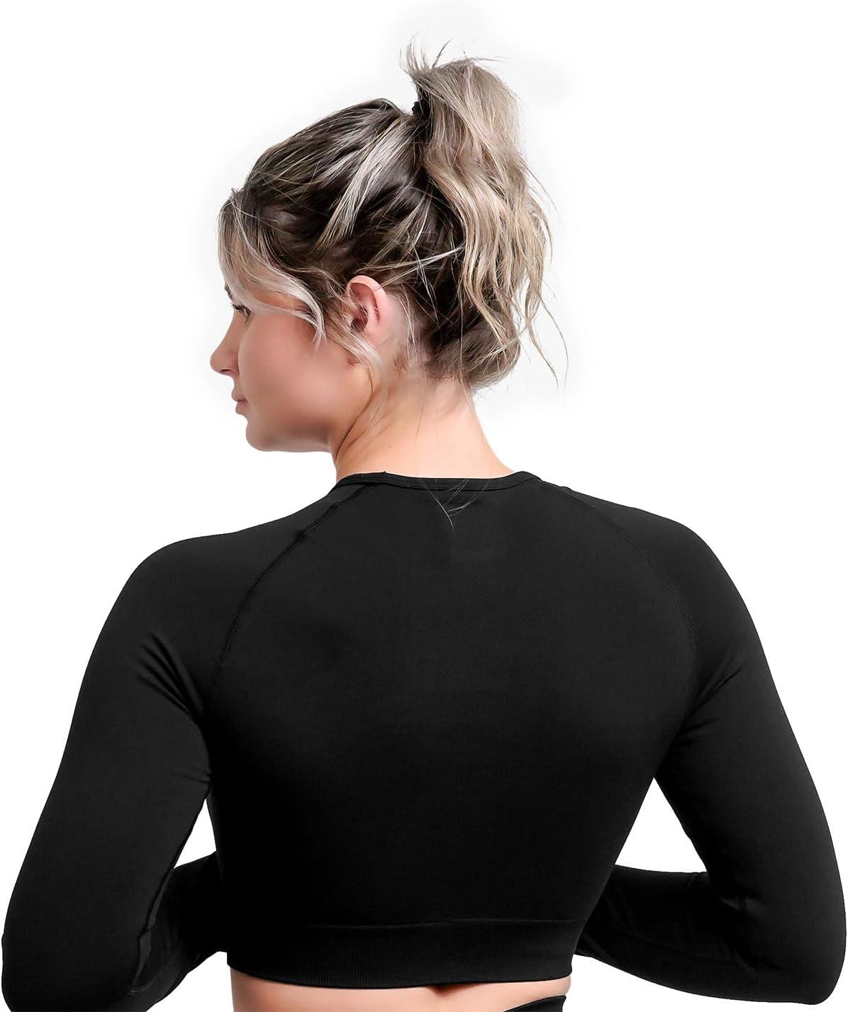 imageDMoose Fitness Move Seamless Crop Top Womens High Performance Long Sleeve Athletic Crop Top with Thumbholes for WorkoutsBlack