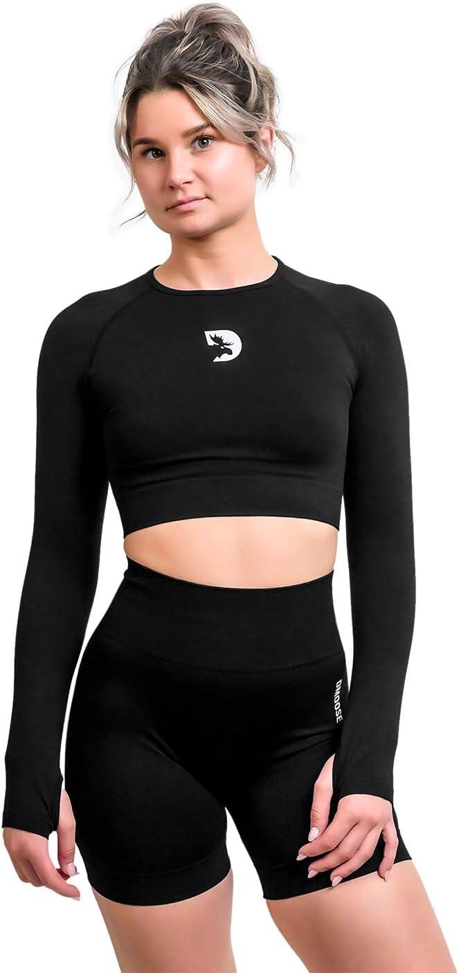 imageDMoose Fitness Move Seamless Crop Top Womens High Performance Long Sleeve Athletic Crop Top with Thumbholes for WorkoutsBlack