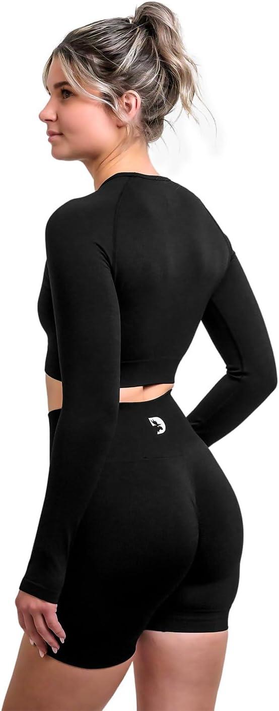 imageDMoose Fitness Move Seamless Crop Top Womens High Performance Long Sleeve Athletic Crop Top with Thumbholes for WorkoutsBlack