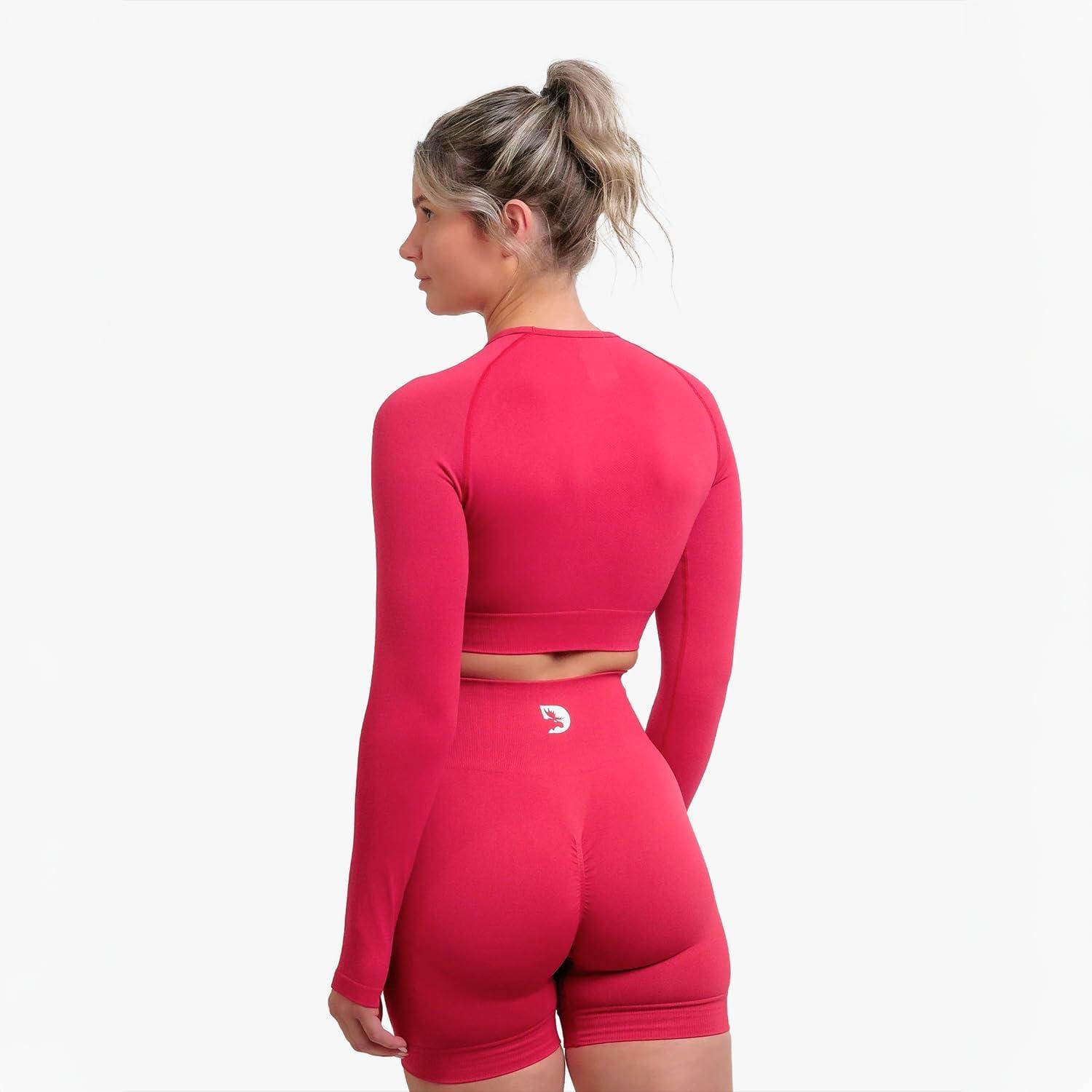 imageDMoose Fitness Move Seamless Crop Top Womens High Performance Long Sleeve Athletic Crop Top with Thumbholes for WorkoutsRed