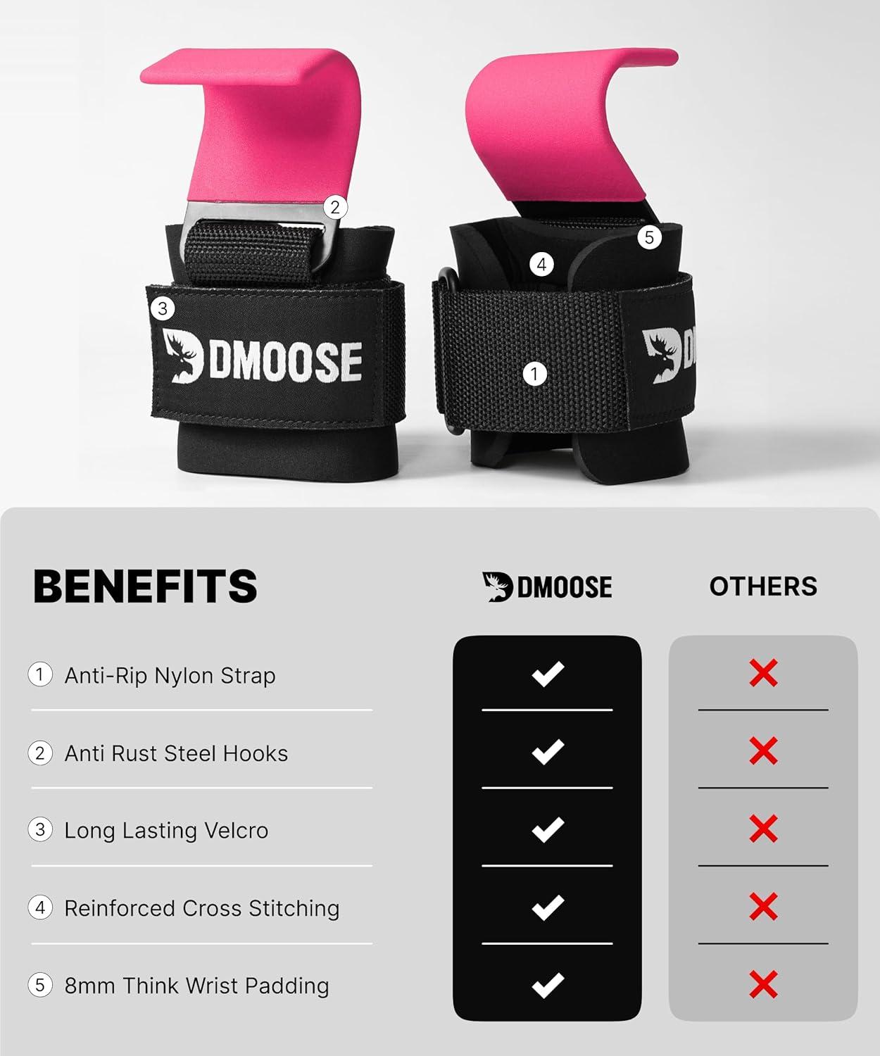 imageDMoose Fitness Weight Lifting Hooks Pair for Deadlifts Pull Ups Rows ampamp Shrugs AntiRip Nylon Strap Hand Grips with Thick Wrist Padding Heavy Duty Wrist Straps for Weightlifting ampamp Gym WorkoutsPink