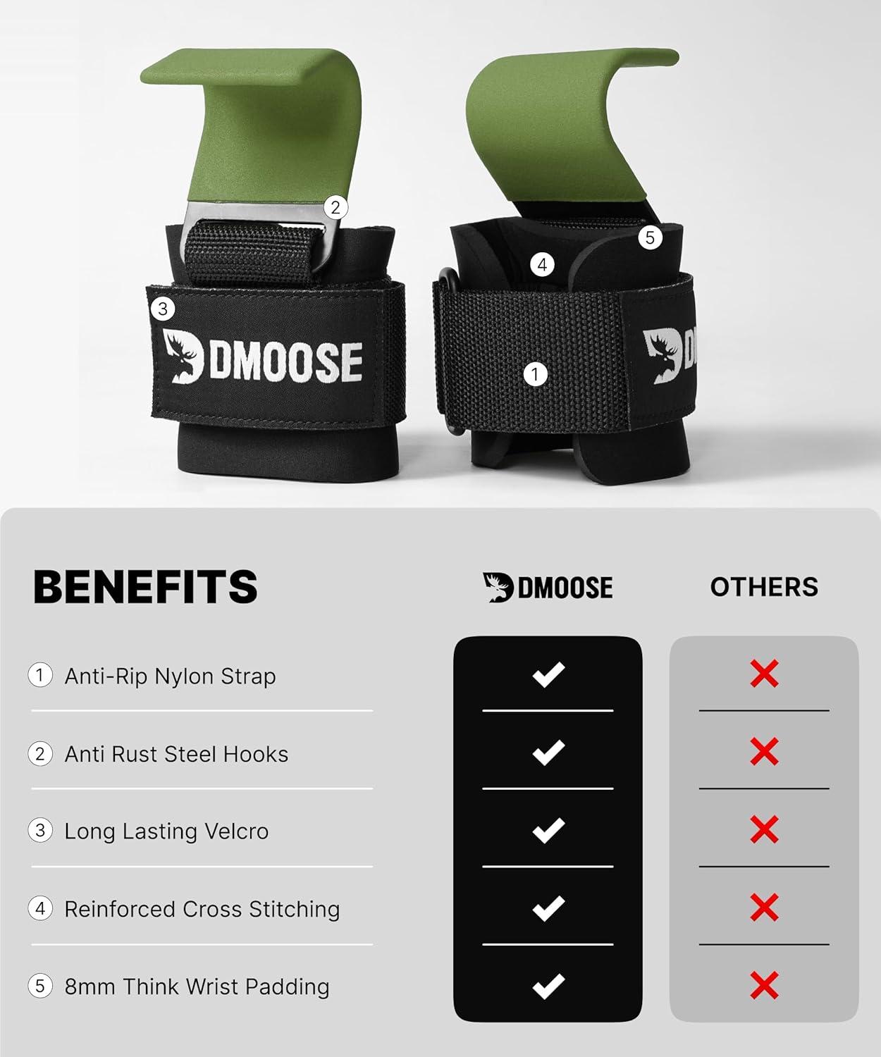 imageDMoose Fitness Weight Lifting Hooks Pair for Deadlifts Pull Ups Rows ampamp Shrugs AntiRip Nylon Strap Hand Grips with Thick Wrist Padding Heavy Duty Wrist Straps for Weightlifting ampamp Gym WorkoutsGreen