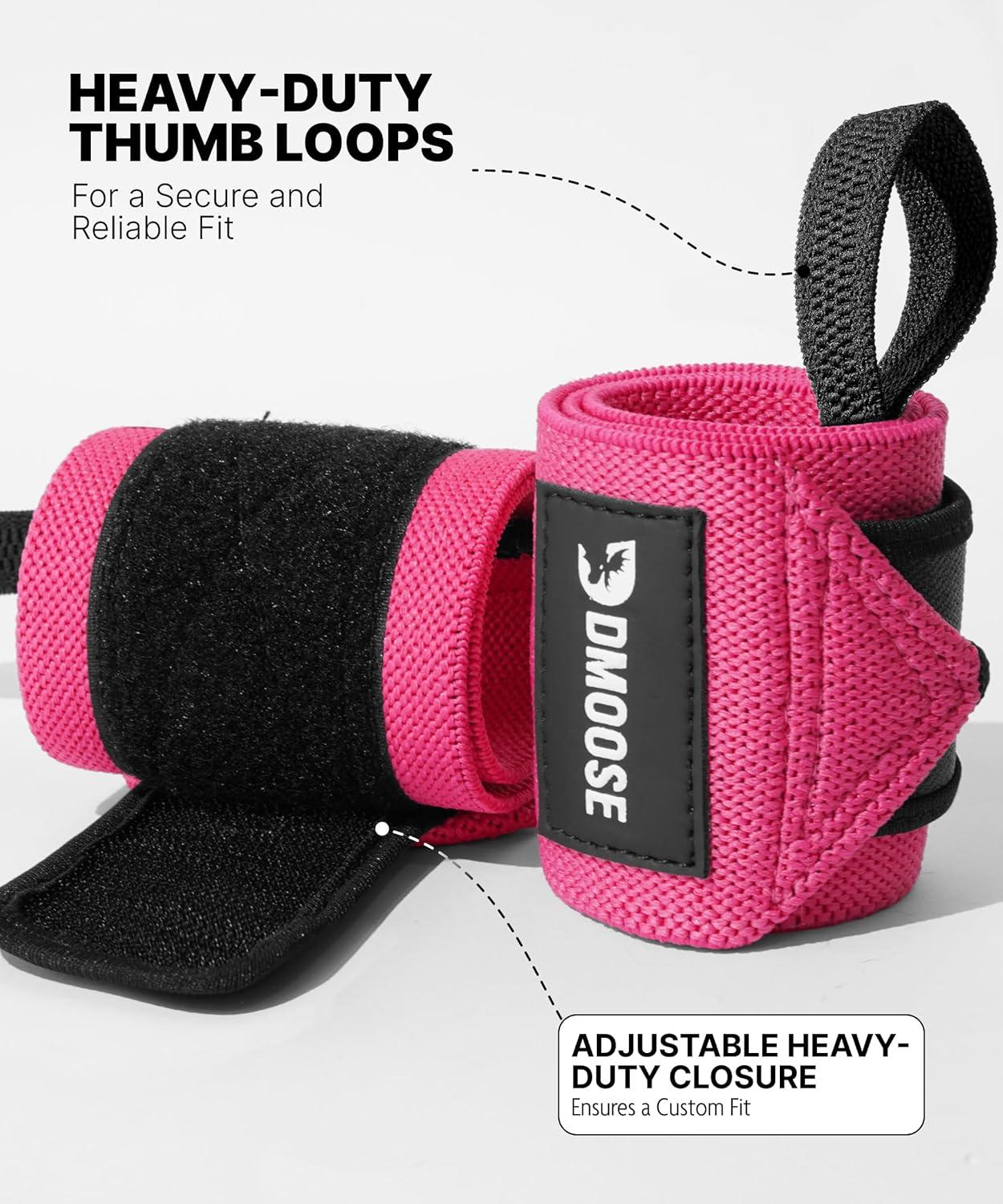 imageDMoose Fitness Wrist Wraps for Weightlifting 18quot Heavy Duty Gym Wrap with Hand Thumb Loop for Support ampamp Pain Relief USPA Approved Powerlifting Weight Lifting Wrist Straps for Men ampamp Women Work OutPink