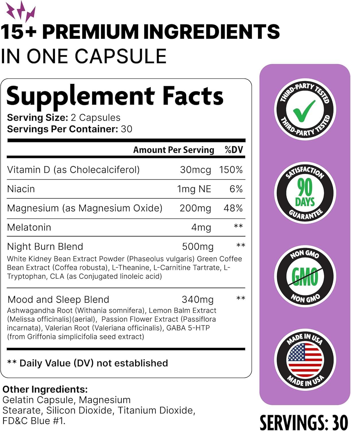 imageDMoose Sleep Burn Plus Natural Fat Burning Sleep Aid Nighttime Weight Management ampamp Deep Sleep Support with Melatonin Valerian Root White Kidney Bean 60 NonGMO Capsules