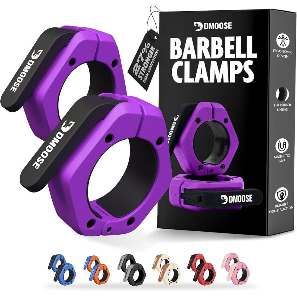 imageDMoose Fitness Barbell Clips 2 Inch Pair  Quick Release Olympic Barbell Clamps ampamp Collars with Anti Slip TPR Grip for Secure Weightlifting and Powerlifting  Weight Clips for Bars at Home or GymPurple