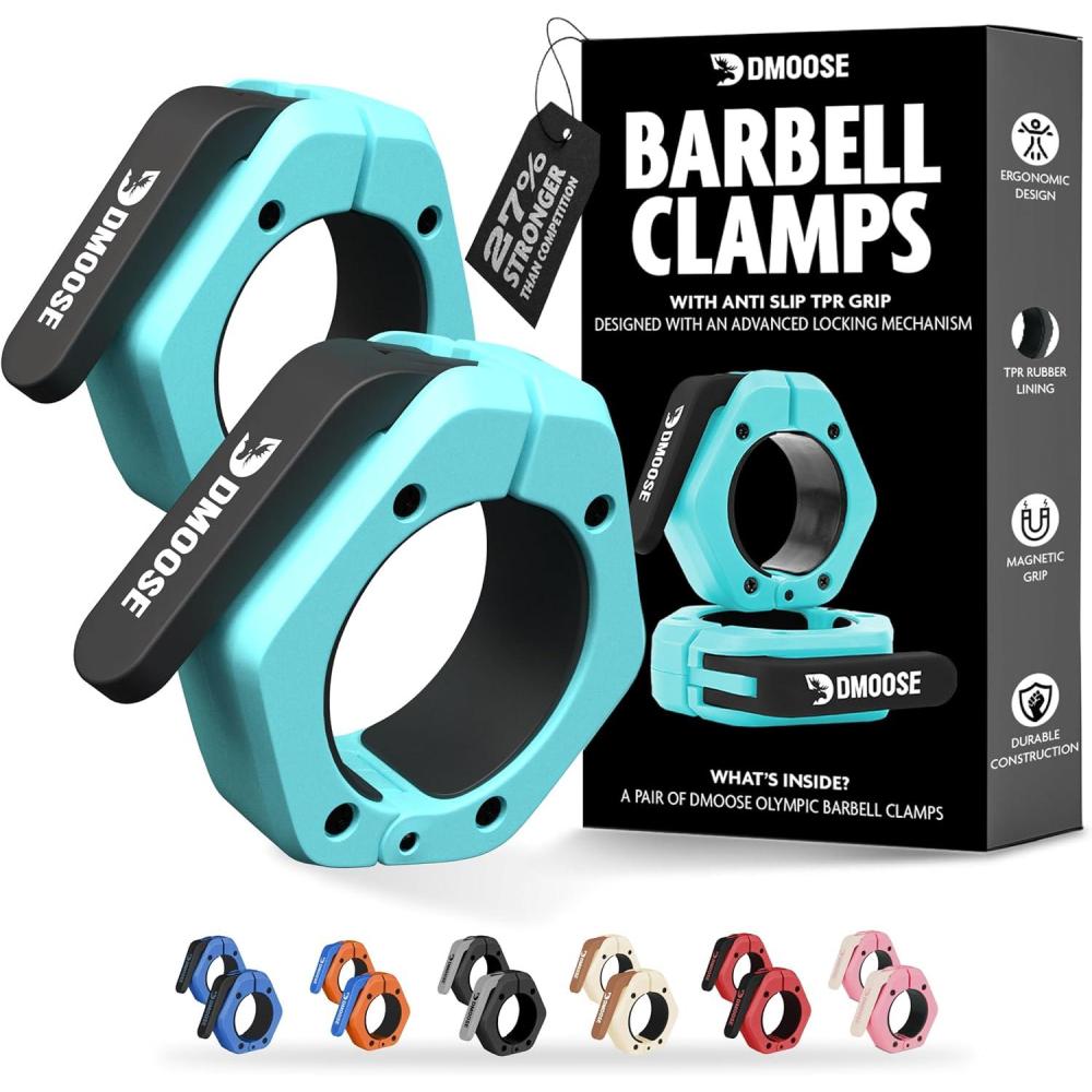imageDMoose Fitness Barbell Clips 2 Inch Pair  Quick Release Olympic Barbell Clamps ampamp Collars with Anti Slip TPR Grip for Secure Weightlifting and Powerlifting  Weight Clips for Bars at Home or GymCyan