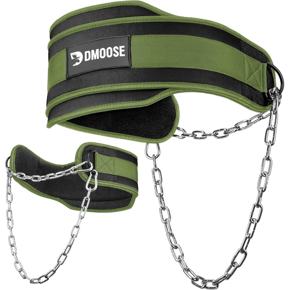 imageDMoose Fitness Dip Belt for Weight Lifting Pullup Squats ampamp Dips 36quot Robust Steel Chain Comfortable Neoprene Padding Supports 350lbs Gym Weight Belt for Strength Training Workout ampamp WeightliftingMilitary Green