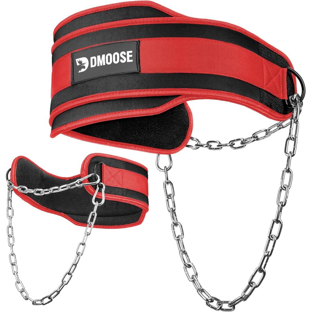 imageDMoose Fitness Dip Belt for Weight Lifting Pullup Squats ampamp Dips  36quot Robust Steel Chain Comfortable Neoprene Padding Supports 350lbs  Gym Weight Belt for Strength Training Workout ampamp WeightliftingRed