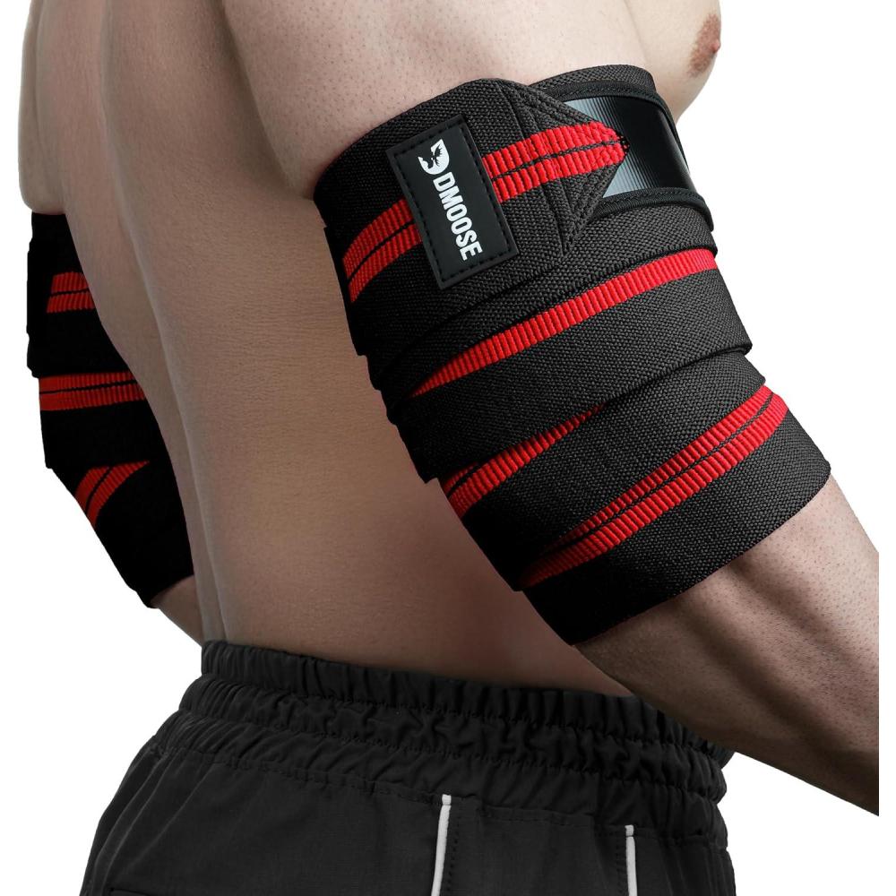 imageDMoose Fitness Elbow Wraps for Weightlifting Pair 40quot Adjustable Brace for Joint Support Pain Relief ampamp Tendonitis  Elbow Straps for Weight Lifting Bench Press ampamp Gym Workouts Band for Men ampamp WomenBlack Red