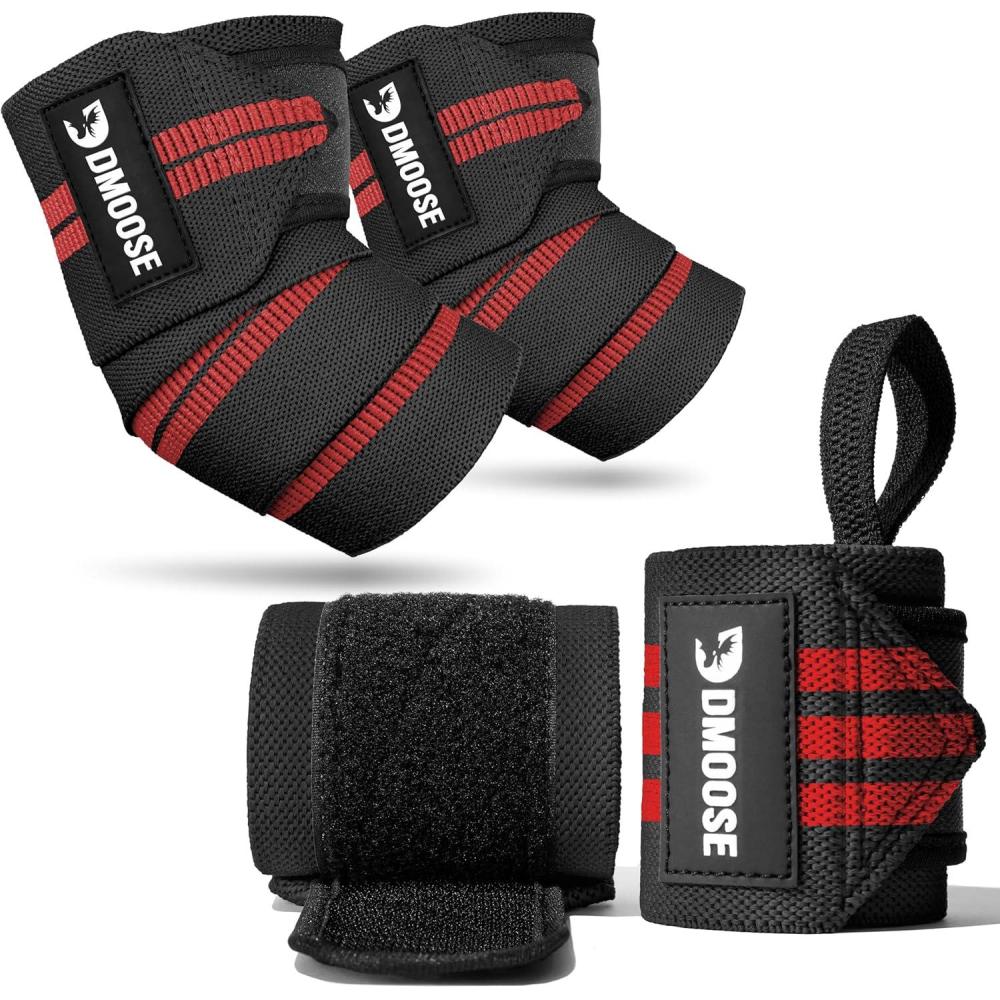 imageDMoose Fitness Elbow Wraps for Weightlifting Pair 40quot Adjustable Brace for Joint Support Pain Relief ampamp Tendonitis  Elbow Straps for Weight Lifting Bench Press ampamp Gym Workouts Band for Men ampamp WomenElbow  Wrist Wraps Bundle