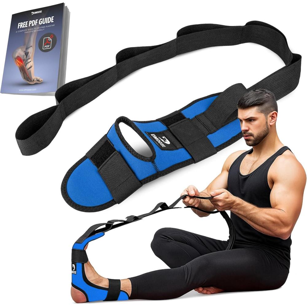 imageDMoose Fitness Foot ampamp Calf Stretcher with Adjustable Padded Stretching Strap for Plantar Fasciitis Hamstring Heel Spurs and Achilles Tendonitis Relief  Yoga Leg Stretch Strap for FlexibilityBlue