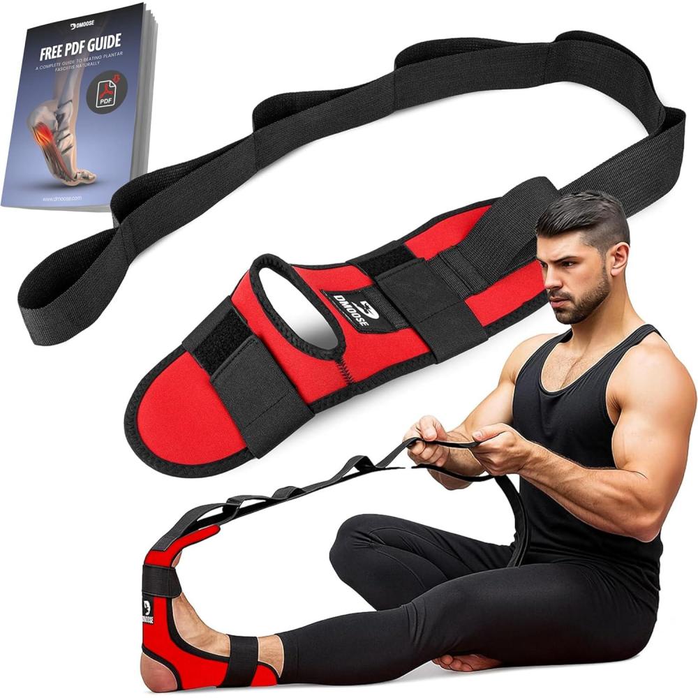 imageDMoose Fitness Foot ampamp Calf Stretcher with Adjustable Padded Stretching Strap for Plantar Fasciitis Hamstring Heel Spurs and Achilles Tendonitis Relief  Yoga Leg Stretch Strap for FlexibilityRed