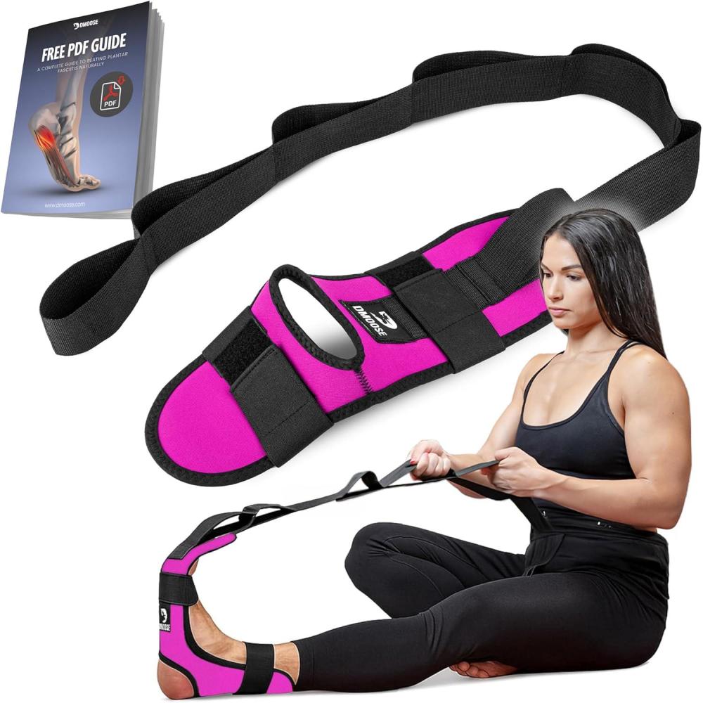 imageDMoose Fitness Foot ampamp Calf Stretcher with Adjustable Padded Stretching Strap for Plantar Fasciitis Hamstring Heel Spurs and Achilles Tendonitis Relief  Yoga Leg Stretch Strap for FlexibilityViva Magenta