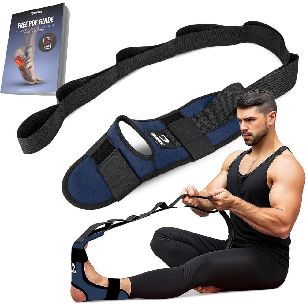 imageDMoose Fitness Foot ampamp Calf Stretcher with Adjustable Padded Stretching Strap for Plantar Fasciitis Hamstring Heel Spurs and Achilles Tendonitis Relief  Yoga Leg Stretch Strap for FlexibilityNavy Blue