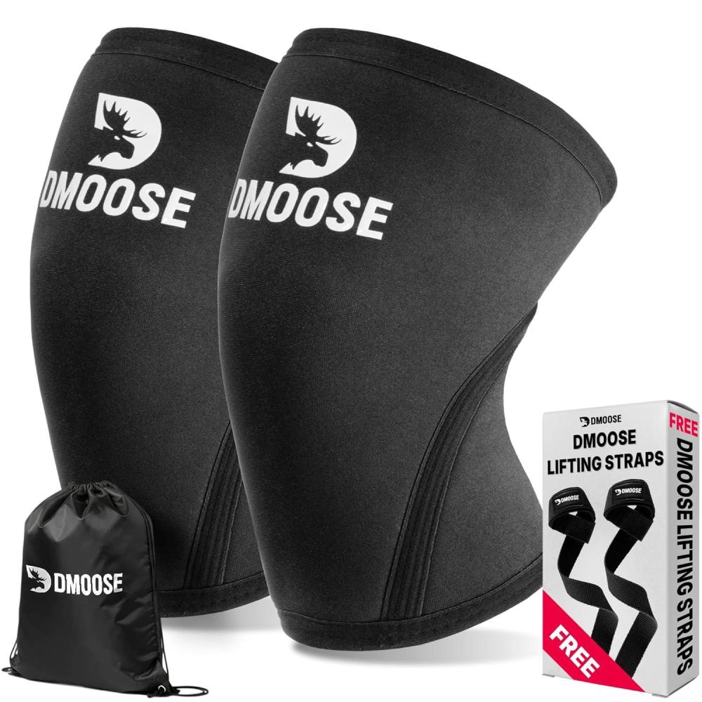 imageDMoose Fitness Knee Sleeves for Men ampamp Women Pair 7mm Neoprene Non Slip Knee Brace Support for Powerlifting ampamp Weightlifting Compression Sleeve for Joint Pain Relief  With Carry Bag ampamp Lifting StrapsBlack