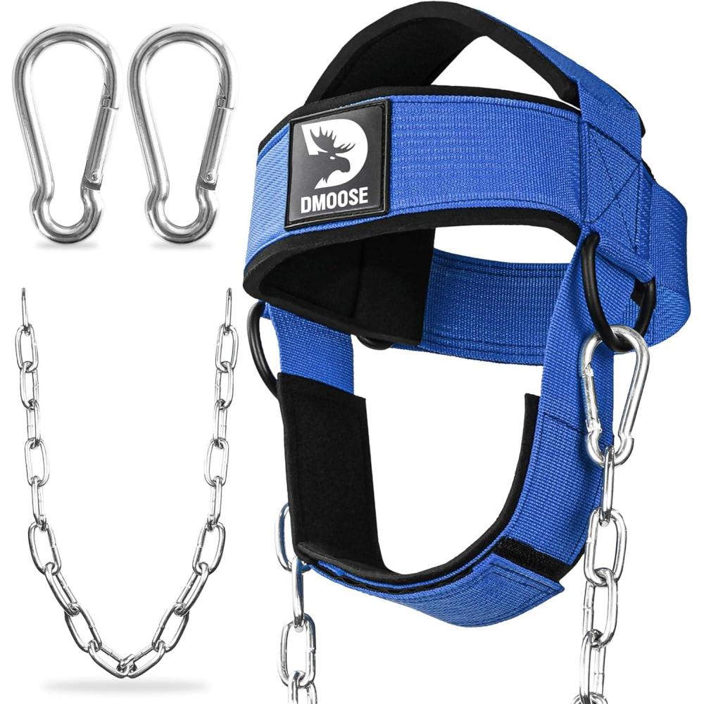 imageDMoose Fitness Neck Harness for Weight Lifting  Soft Padded Head ampamp Chin Strap with 30quot Heavy Duty Steel Chain  Neck Exerciser Trainer ampamp Strengthener to Support Injury Recovery and Intense WorkoutsBlue