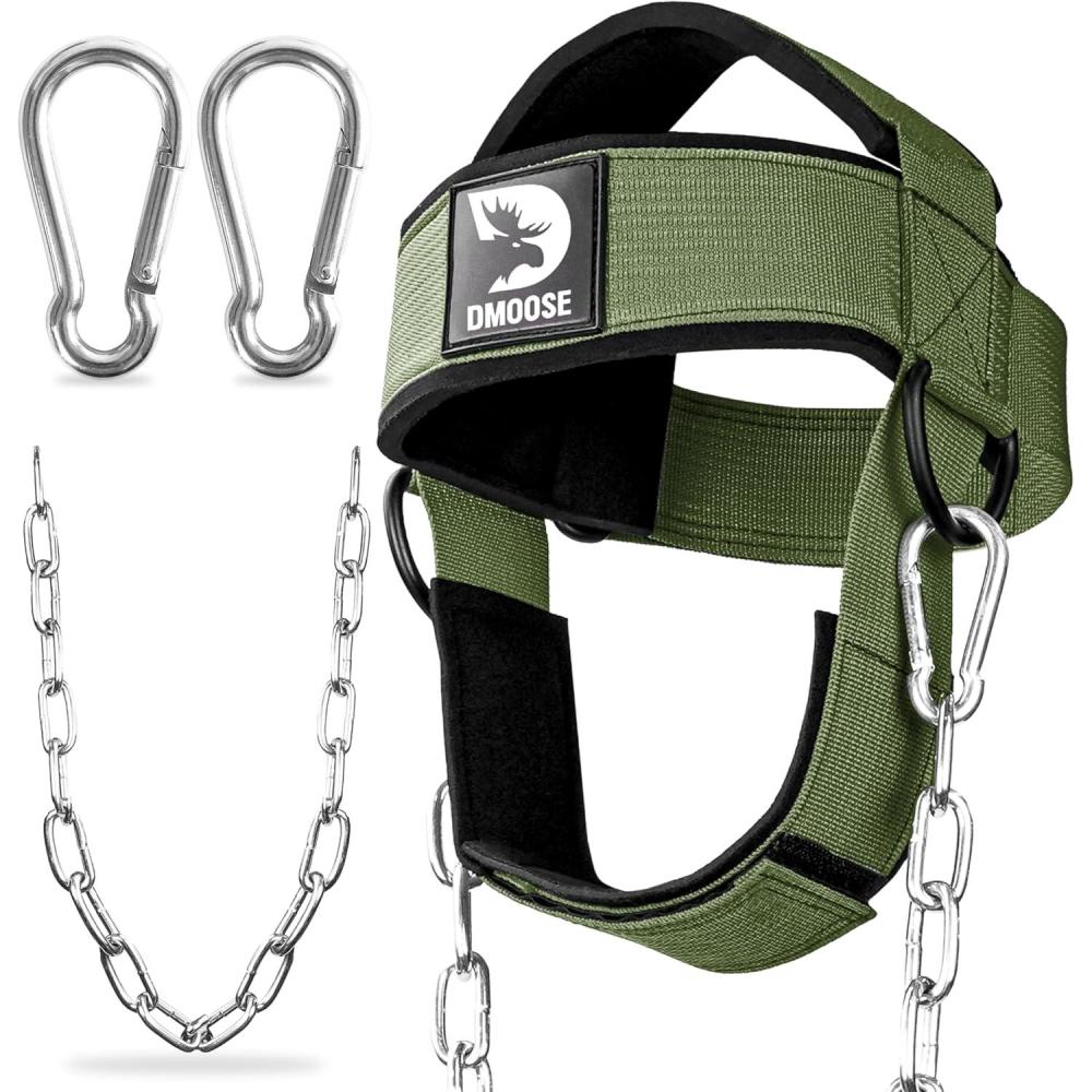 imageDMoose Fitness Neck Harness for Weight Lifting  Soft Padded Head ampamp Chin Strap with 30quot Heavy Duty Steel Chain  Neck Exerciser Trainer ampamp Strengthener to Support Injury Recovery and Intense WorkoutsMilitary Green