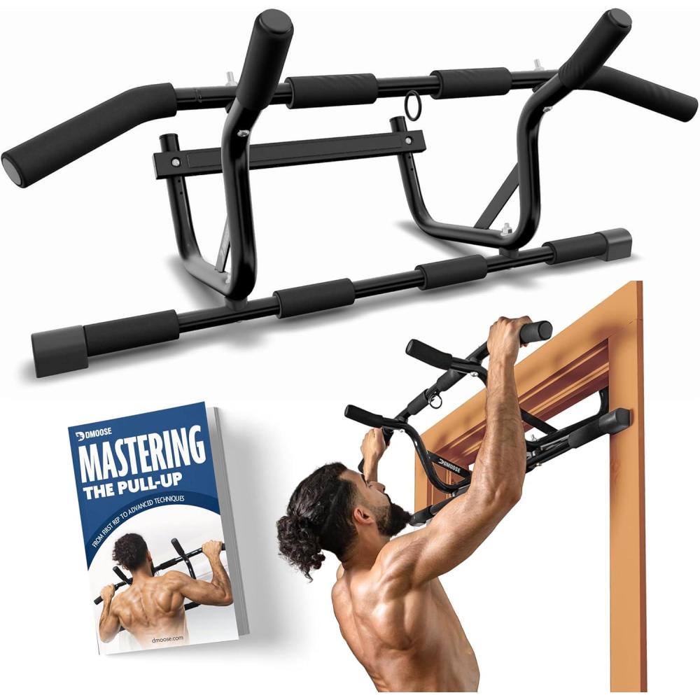 imageDMoose Fitness Pull Up Bar for Doorway  Upto 250 Lbs Capacity No Screwing or Slipping Hanging Pullup ampamp Chin Up Bar for Door Frame  Multi Padded Grips for Strength Training with Installation GuideBlack